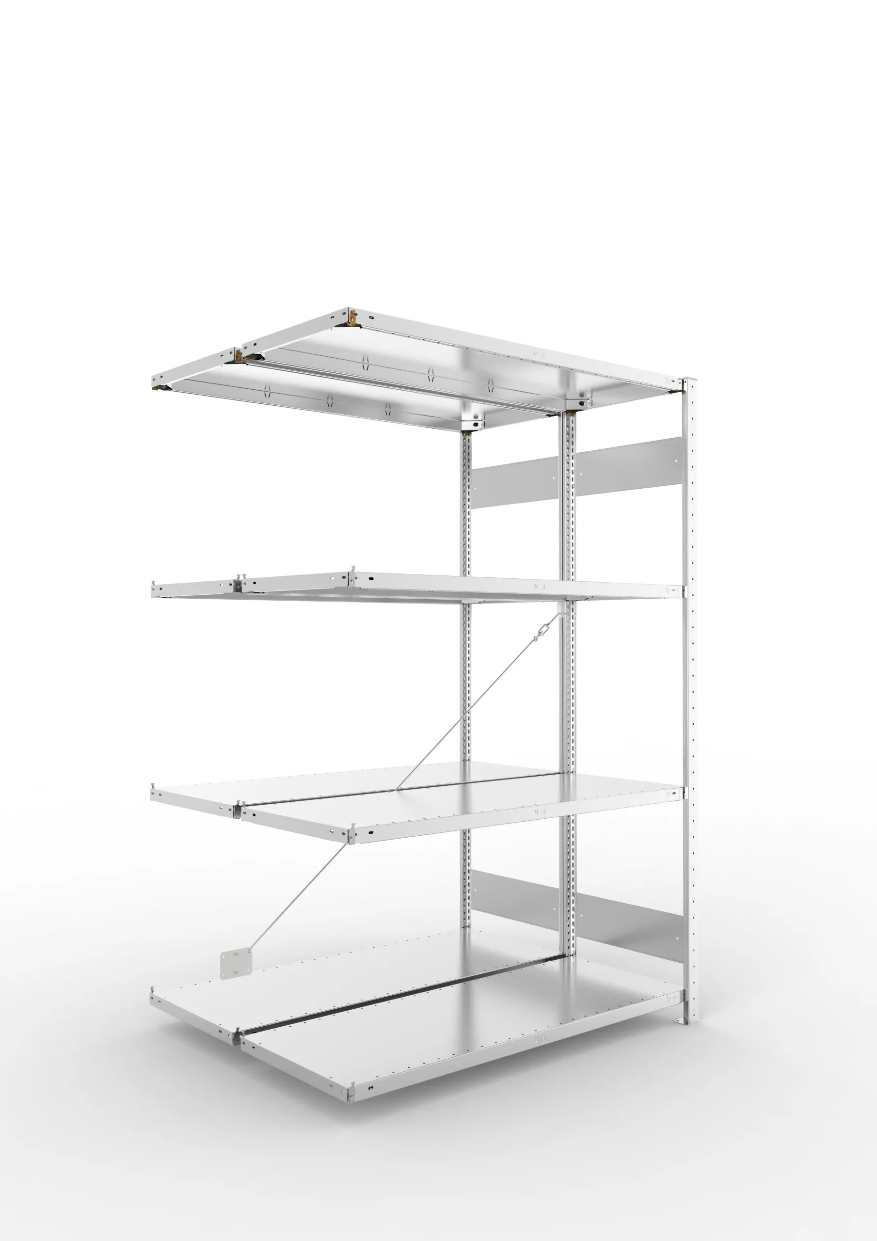 Meta Fachbodenregal Stecksystem S3 CLIP | Anbauregal | HxBxT 200x130x100cm | 4 Ebenen | Fachlast 150kg | Doppelseitige Bauart mit Diagonalverstrebung | Verzinkt