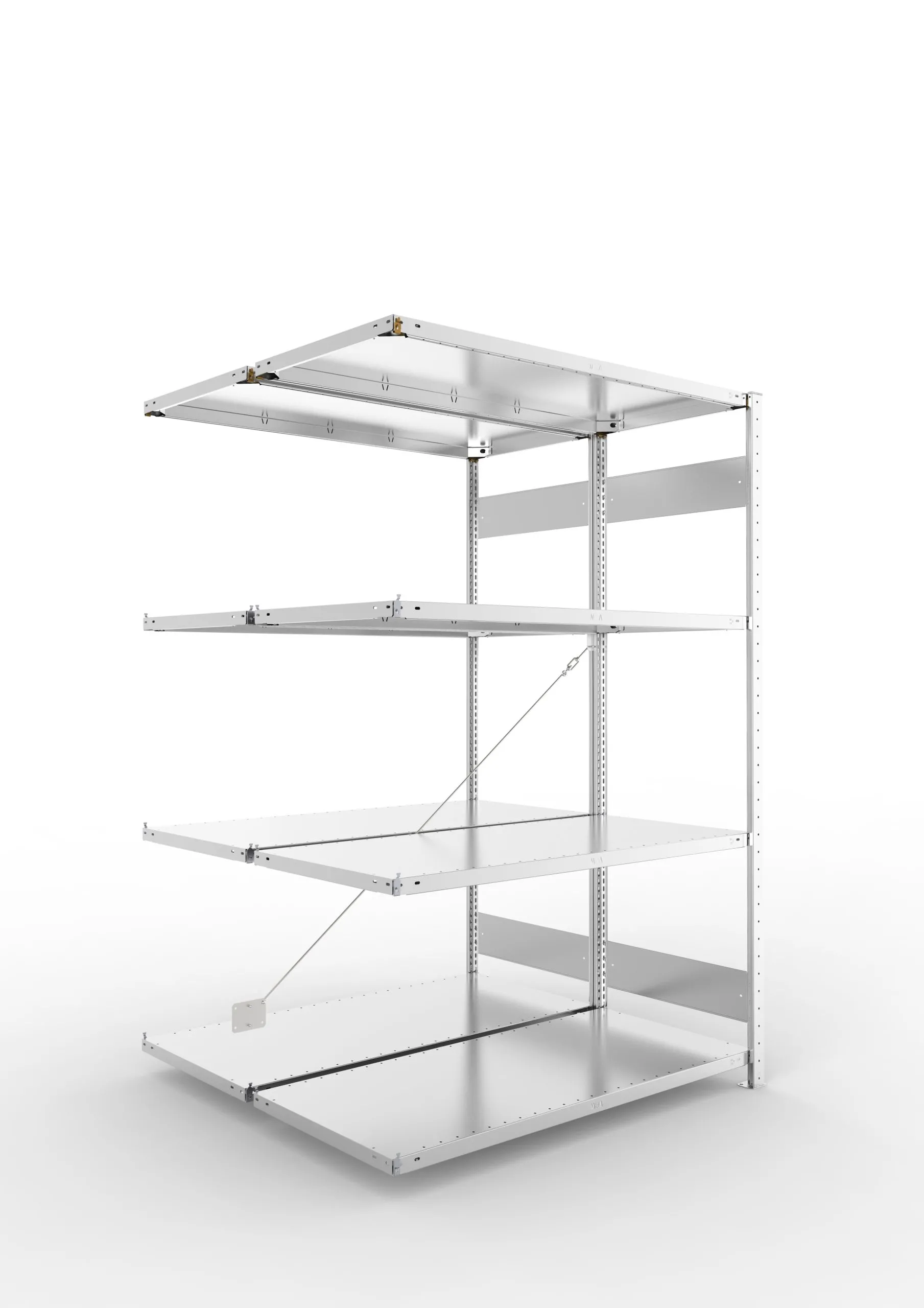 Meta Fachbodenregal Stecksystem S3 CLIP | Anbauregal | HxBxT 200x130x120cm | 4 Ebenen | Fachlast 150kg | Doppelseitige Bauart mit Diagonalverstrebung | Verzinkt