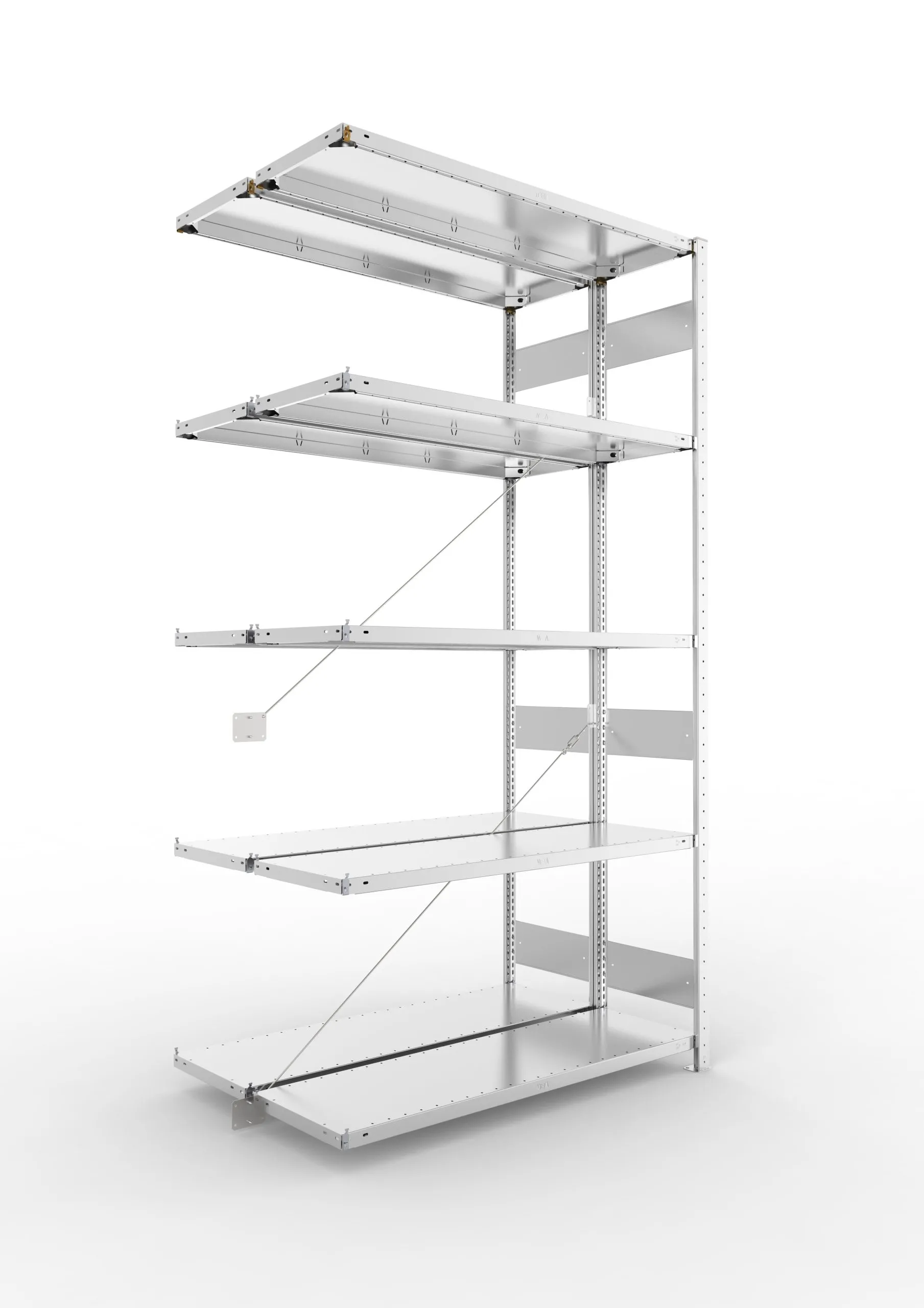 Meta Fachbodenregal Stecksystem S3 CLIP | Anbauregal | HxBxT 250x130x80cm | 5 Ebenen | Fachlast 150kg | Doppelseitige Bauart mit Diagonalverstrebung | Verzinkt