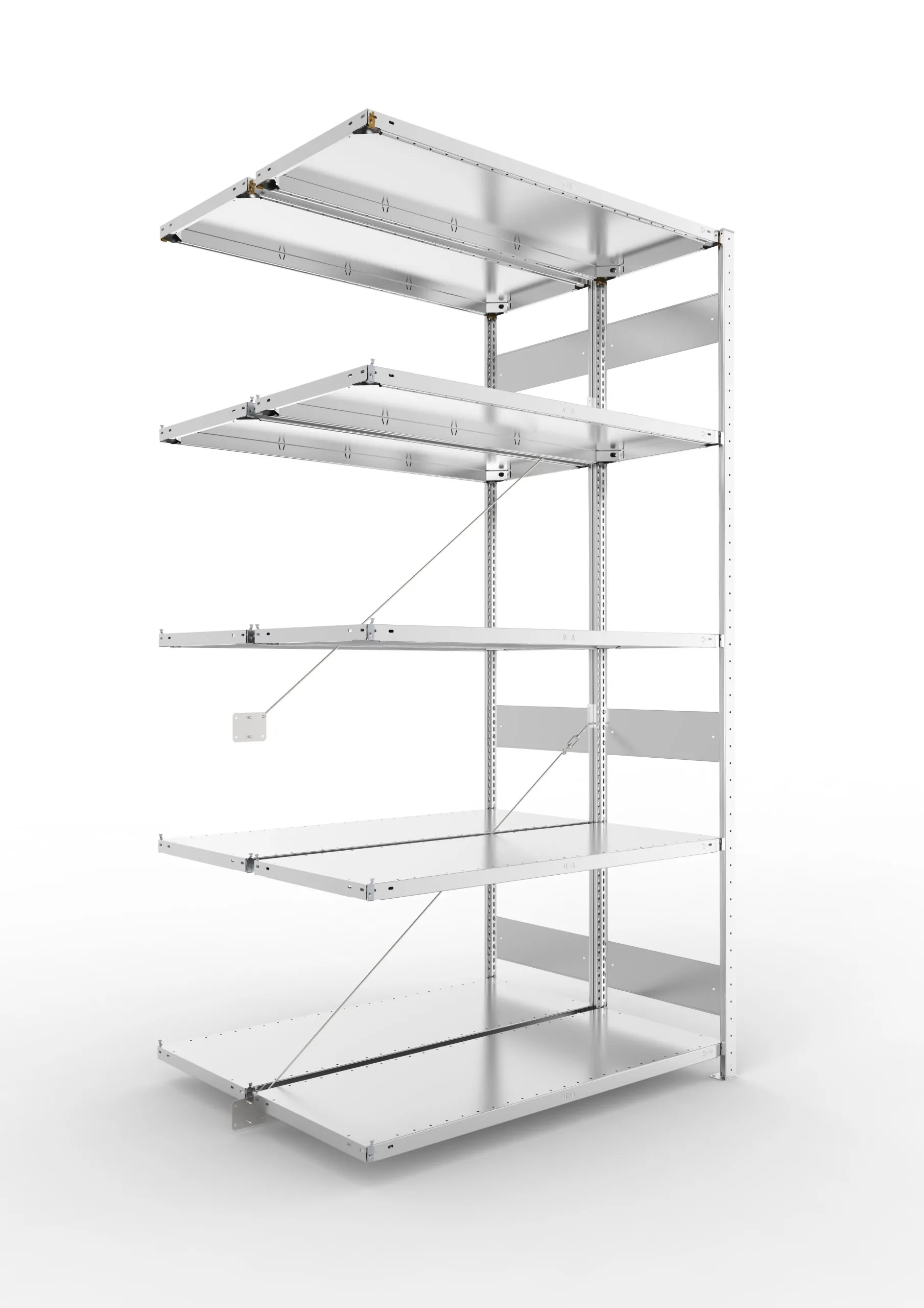 Meta Fachbodenregal Stecksystem S3 CLIP | Anbauregal | HxBxT 250x130x100cm | 5 Ebenen | Fachlast 150kg | Doppelseitige Bauart mit Diagonalverstrebung | Verzinkt