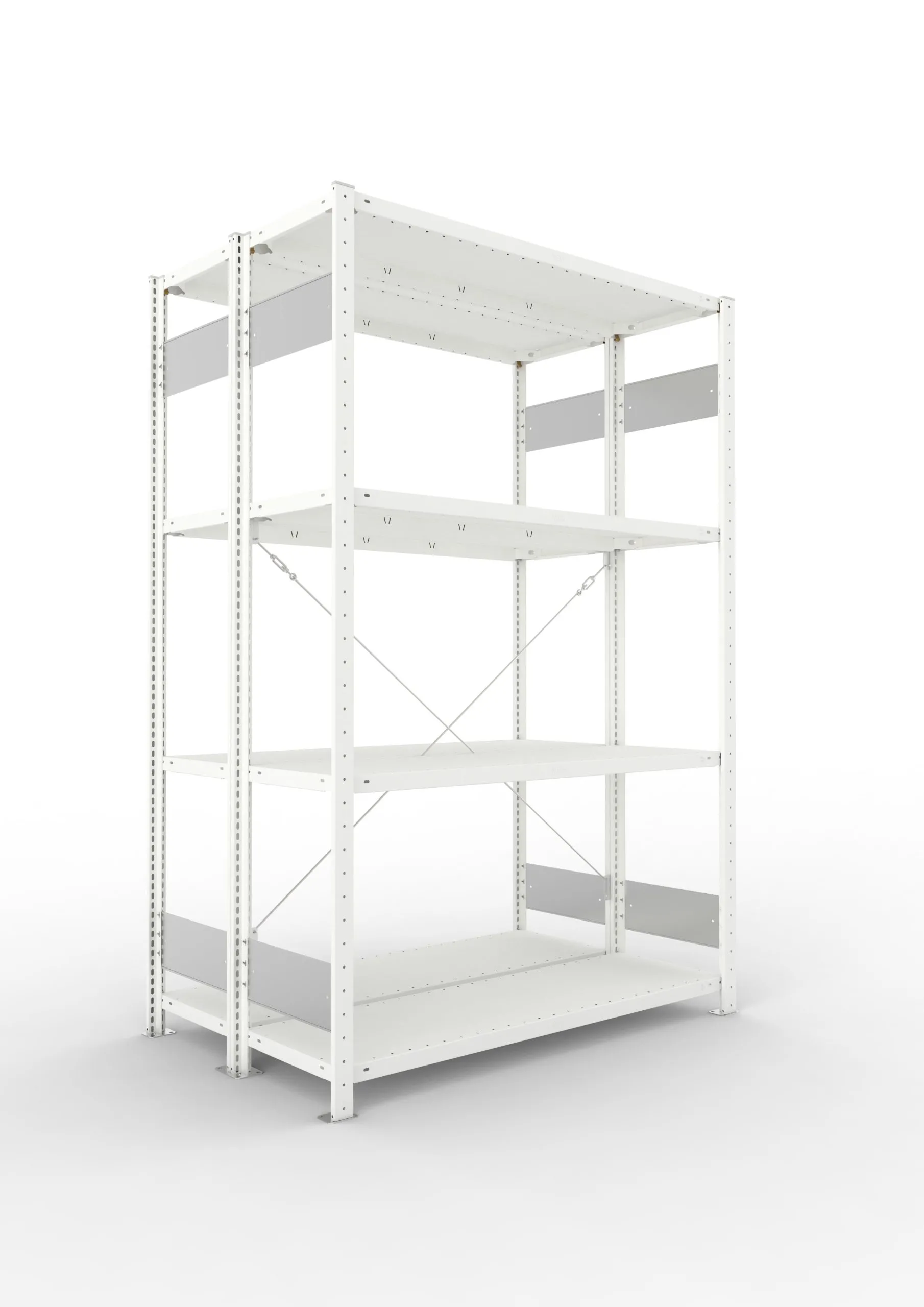 Meta Fachbodenregal Stecksystem S3 CLIP | Grundregal | HxBxT 200x130x80cm | 4 Ebenen | Fachlast 150kg | Doppelseitige Bauart mit Diagonalverstrebung | Lichtgrau