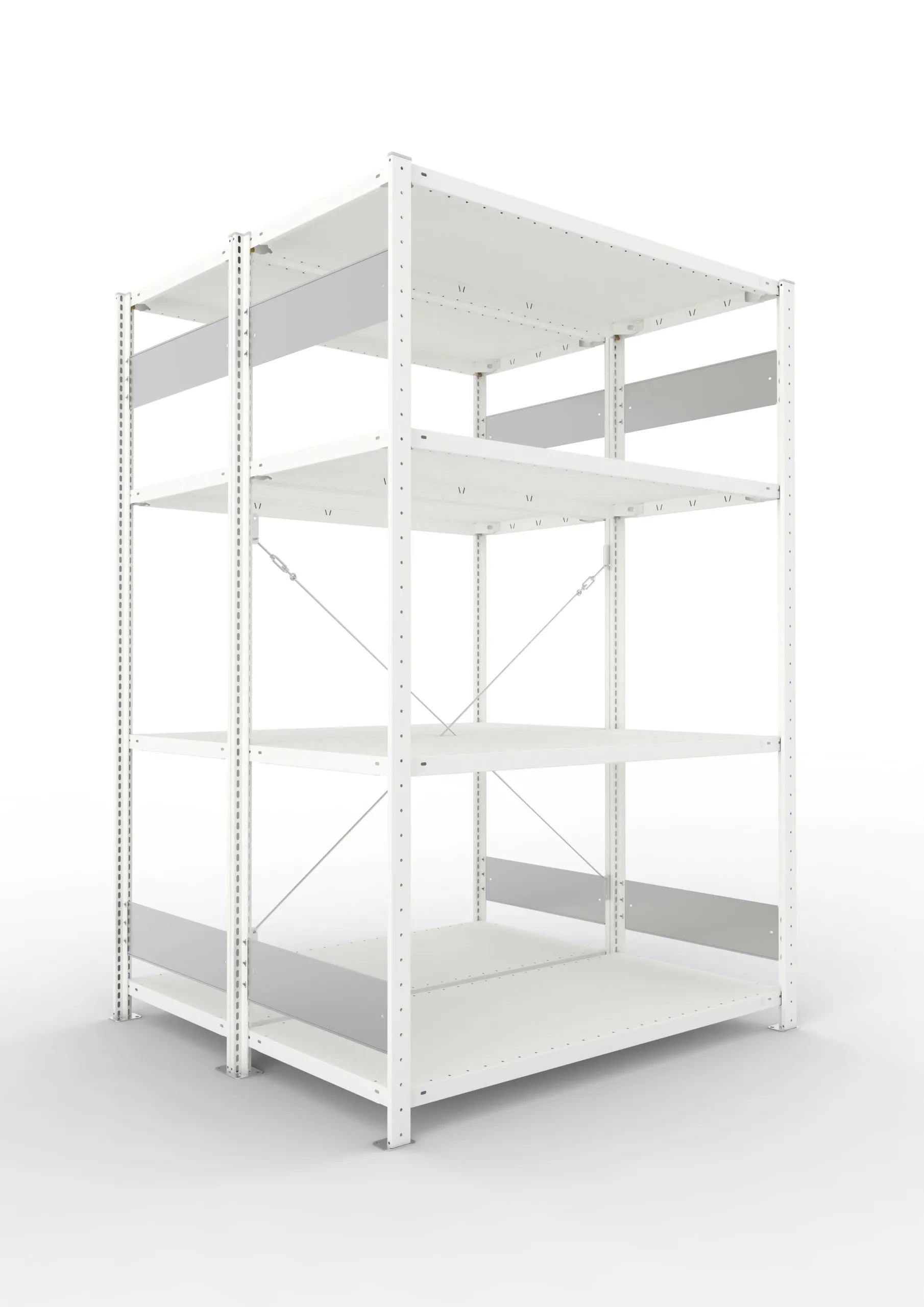 Meta Fachbodenregal Stecksystem S3 CLIP | Grundregal | HxBxT 200x130x120cm | 4 Ebenen | Fachlast 150kg | Doppelseitige Bauart mit Diagonalverstrebung | Lichtgrau