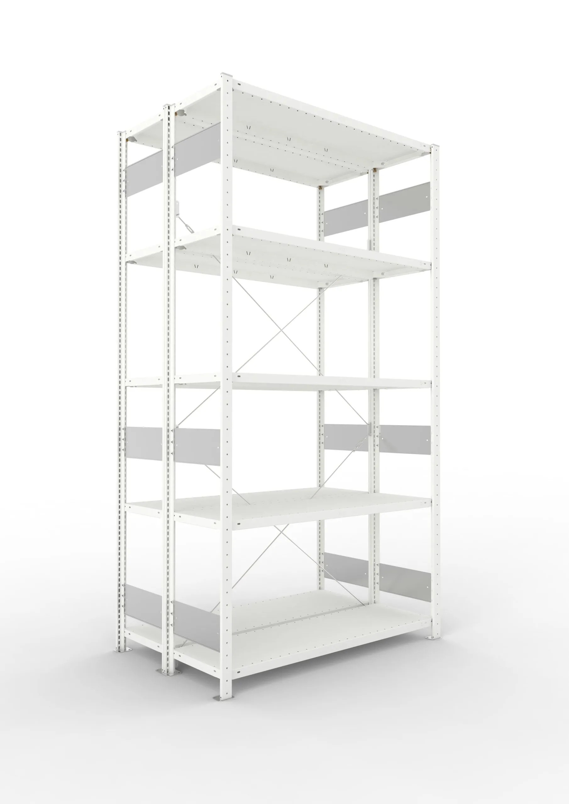 Meta Fachbodenregal Stecksystem S3 CLIP | Grundregal | HxBxT 250x130x80cm | 5 Ebenen | Fachlast 150kg | Doppelseitige Bauart mit Diagonalverstrebung | Lichtgrau