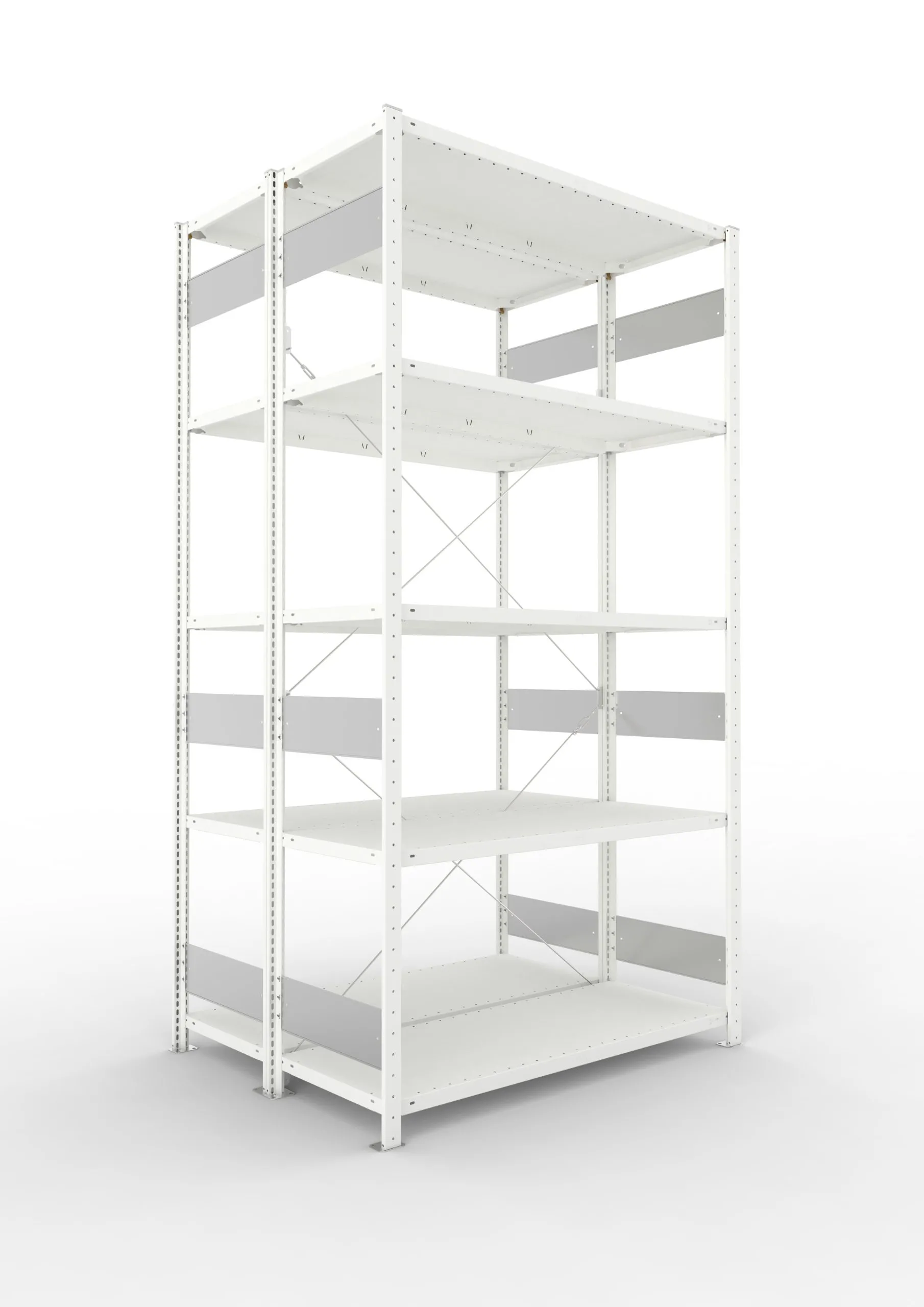 Meta Fachbodenregal Stecksystem S3 CLIP | Grundregal | HxBxT 250x130x100cm | 5 Ebenen | Fachlast 150kg | Doppelseitige Bauart mit Diagonalverstrebung | Lichtgrau