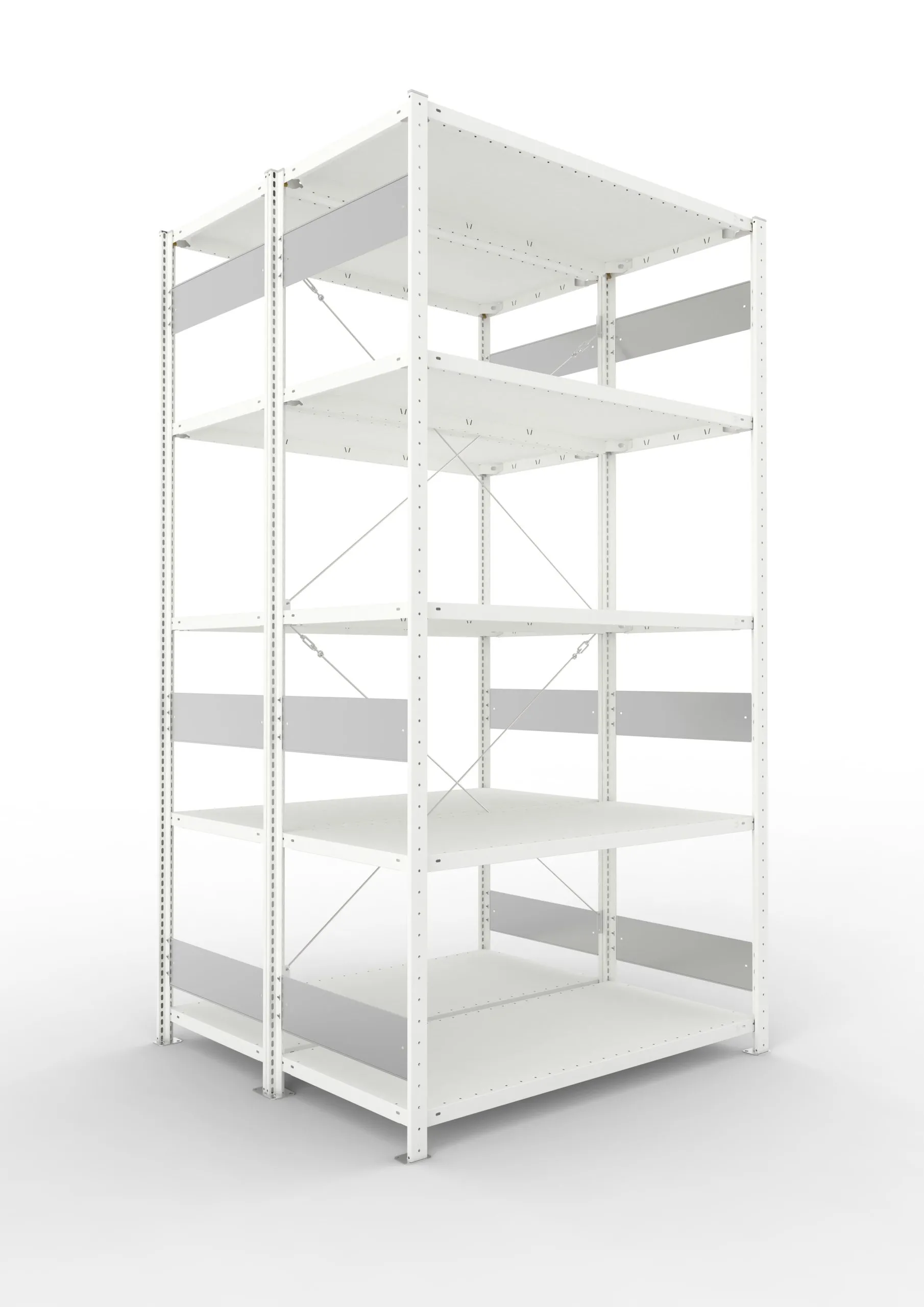 Meta Fachbodenregal Stecksystem S3 CLIP | Grundregal | HxBxT 250x130x120cm | 5 Ebenen | Fachlast 150kg | Doppelseitige Bauart mit Diagonalverstrebung | Lichtgrau