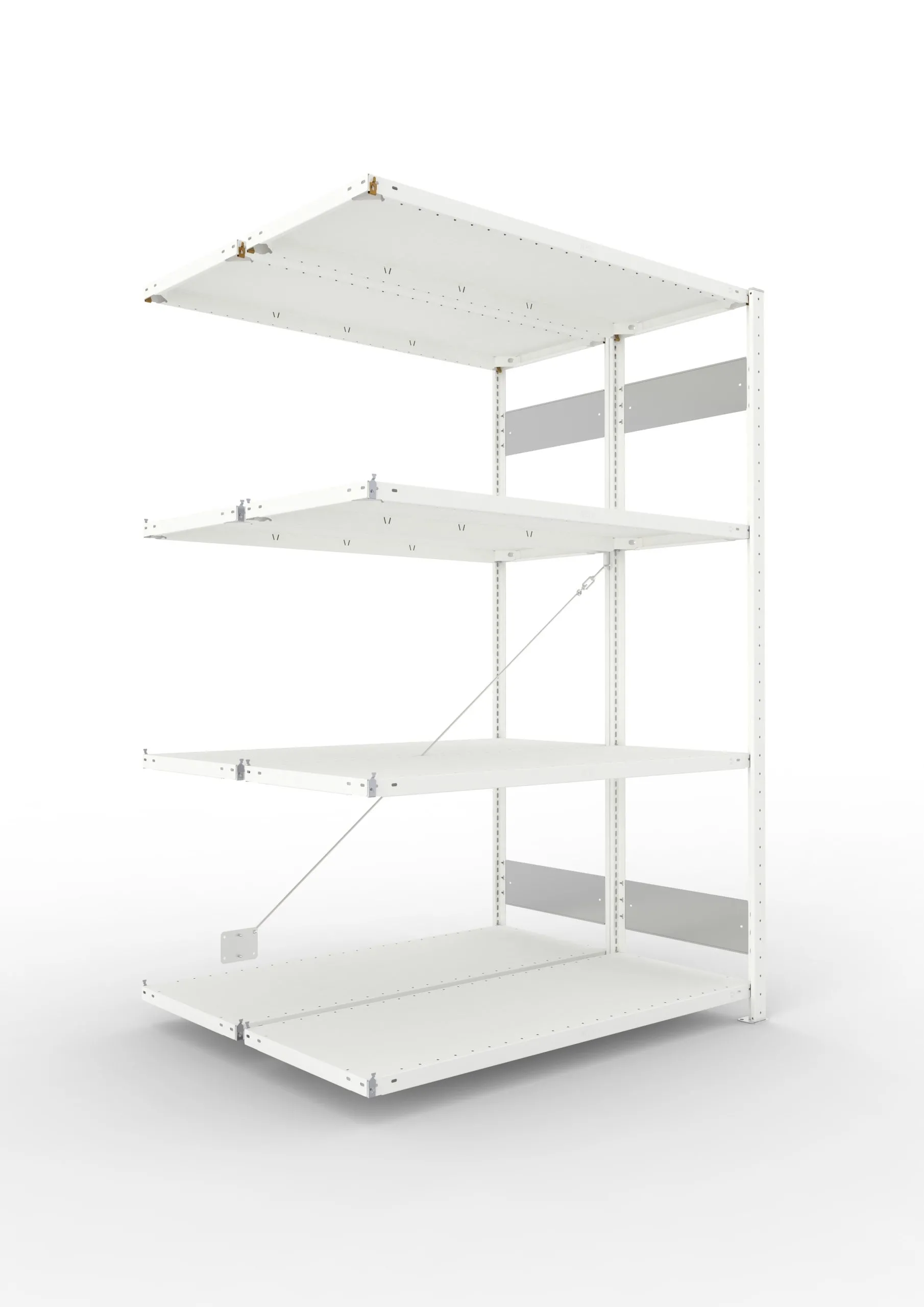 Meta Fachbodenregal Stecksystem S3 CLIP | Anbauregal | HxBxT 200x130x100cm | 4 Ebenen | Fachlast 150kg | Doppelseitige Bauart mit Diagonalverstrebung | Lichtgrau