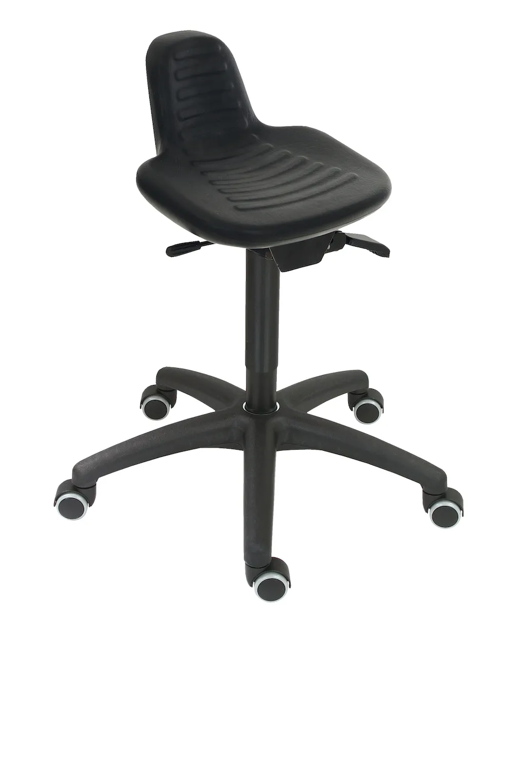 Hocker Austin | Sitzhöhe 45-64cm | Ø 63cm | Tragfähigkeit 110kg | Polyurethane-Sitz | Kunststoff-Fußkreuz mit Rollen | mit verlängerter Rückenstütze | Schwarz