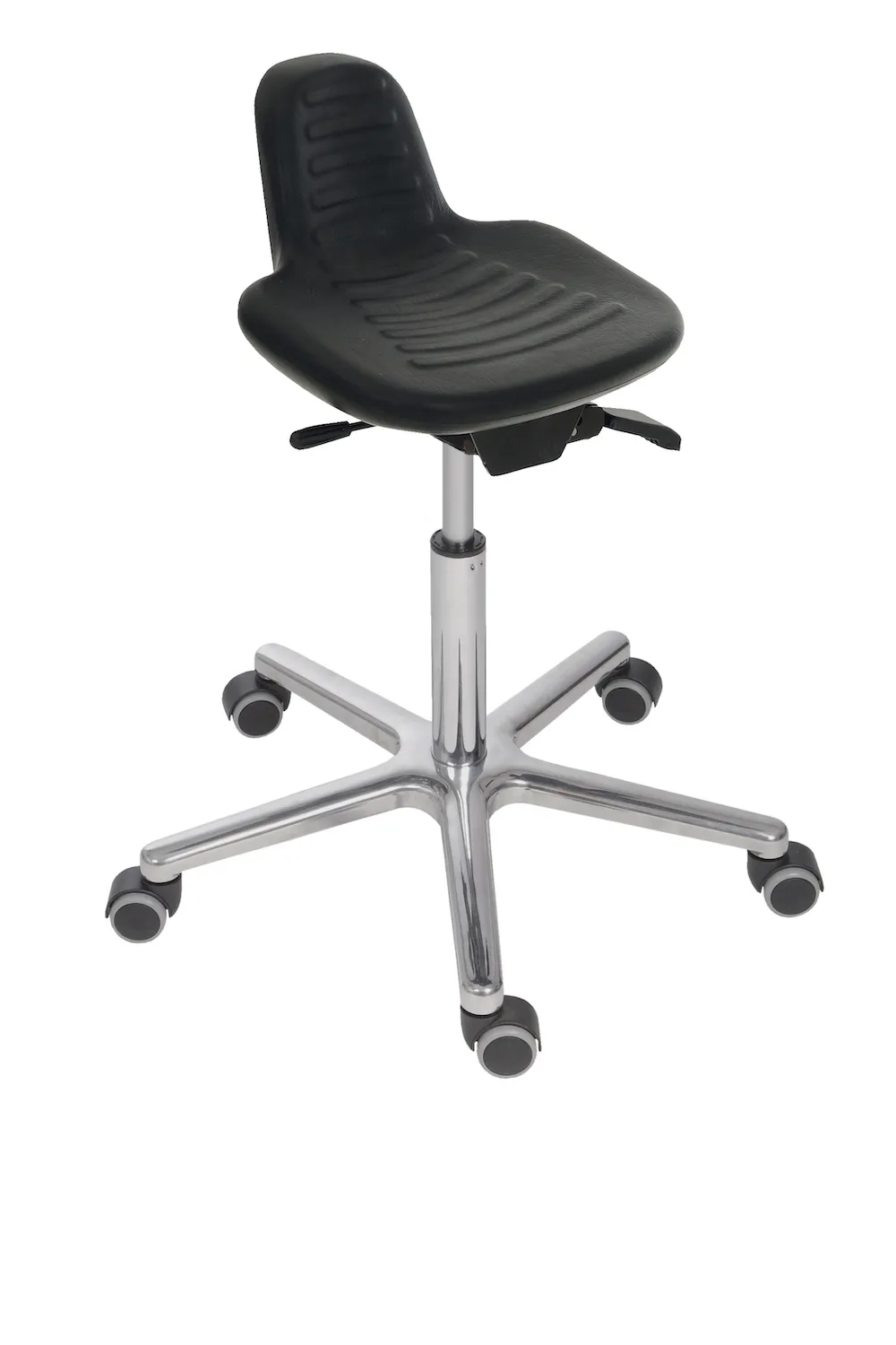 Hocker Austin | Sitzhöhe 48-65cm | Ø 61cm | Tragfähigkeit 110kg | Polyurethane-Sitz | Aluminium-Fußkreuz mit Rollen | mit verlängerter Rückenstütze | Schwarz