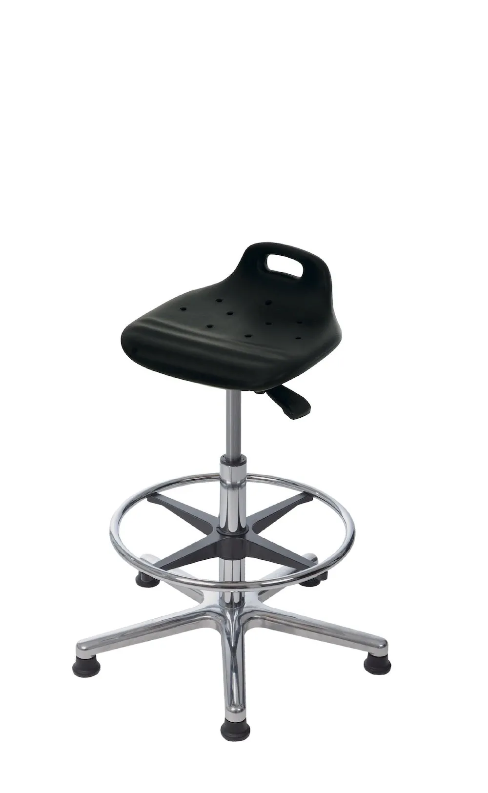 Stehhilfe Jacksonville | Sitzhöhe 53-78cm | Ø 61cm | Tragfähigkeit 110kg | Polyurethane-Sitz | Aluminium-Fußkreuz mit Fußring & Gleiter | mit Tragegriff  | Schwarz