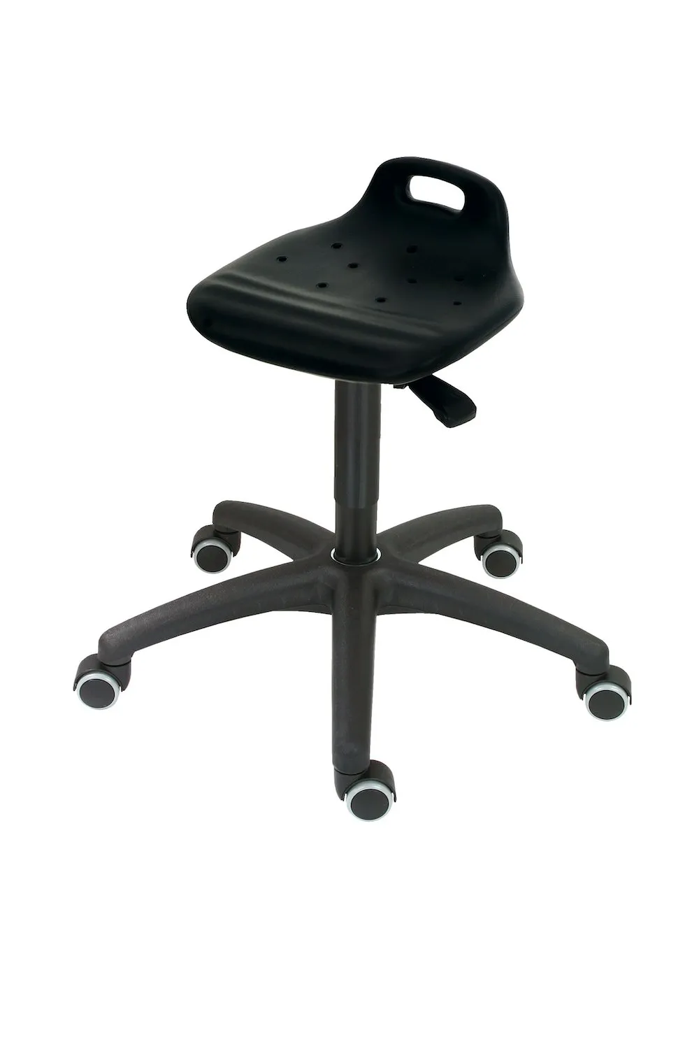 Hocker Jacksonville | Sitzhöhe 45-64cm | Ø 63cm | Tragfähigkeit 110kg | Polyurethane-Sitz | Kunststoff-Fußkreuz mit Rollen | mit Tragegriff  | Schwarz