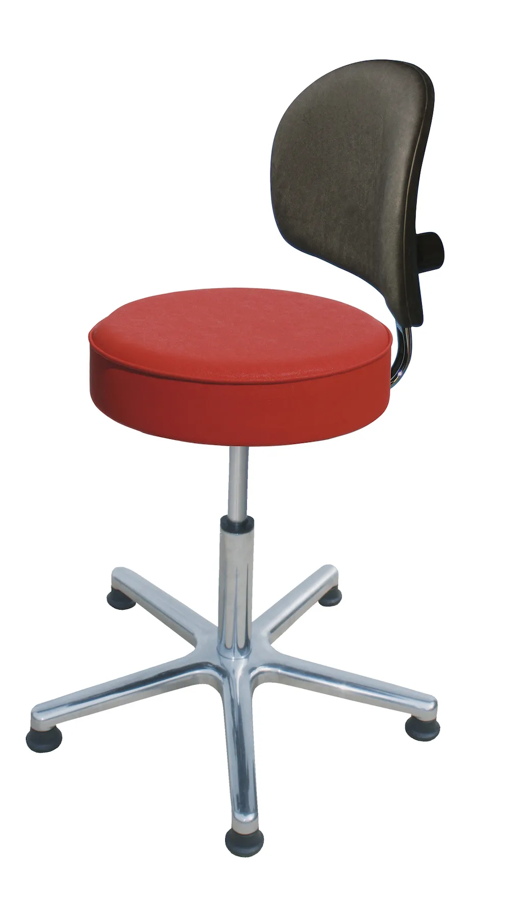 Drehhocker Indianapolis High mit Rückenlehne | Sitzhöhe 52-70cm | Ø 61cm | Tragfähigkeit 110kg | Kunstleder-Sitz | Aluminium-Fußkreuz mit Gleiter | Feuerrot
