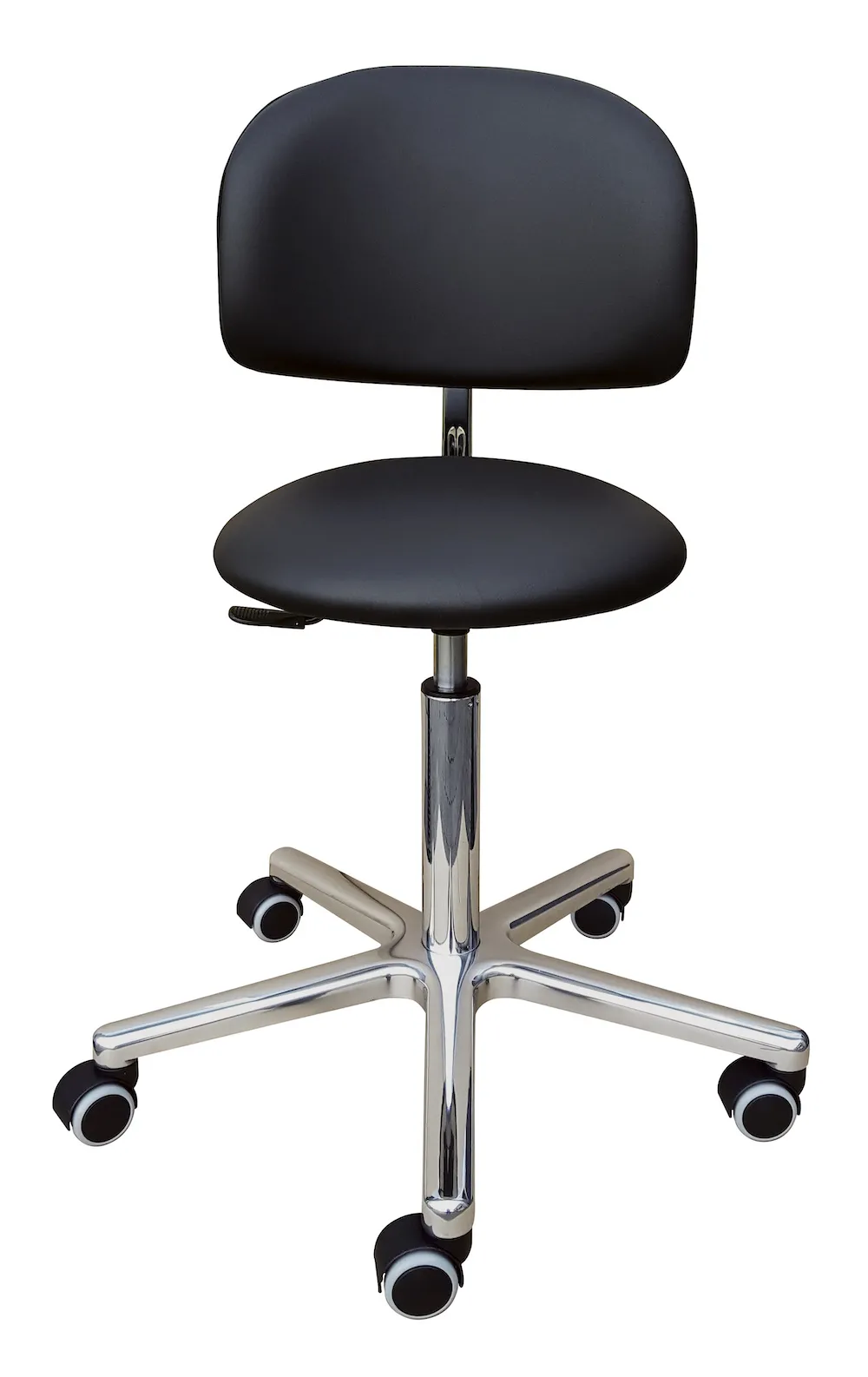 Drehhocker Indianapolis High mit Rückenlehne | Sitzhöhe 54-72cm | Ø 61cm | Tragfähigkeit 110kg | Kunstleder-Sitz | Aluminium-Fußkreuz mit Rollen | Pilz Schwarz