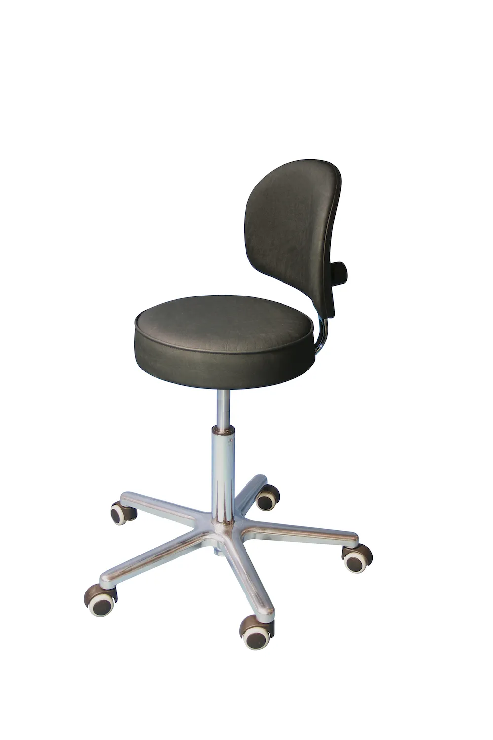 Drehhocker Indianapolis High mit Rückenlehne | Sitzhöhe 54-72cm | Ø 61cm | Tragfähigkeit 110kg | Kunstleder-Sitz | Aluminium-Fußkreuz mit Rollen | Schwarz