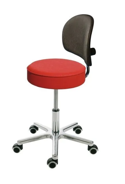 Drehhocker Indianapolis mit Rückenlehne | Sitzhöhe 46-59cm | Ø 61cm | Tragfähigkeit 110kg | Kunstleder-Sitz | Aluminium-Fußkreuz mit Rollen | Feuerrot