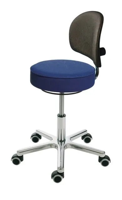 Drehhocker Indianapolis mit Rückenlehne | Sitzhöhe 46-59cm | Ø 61cm | Tragfähigkeit 110kg | Kunstleder-Sitz | Aluminium-Fußkreuz mit Rollen | Atollblau