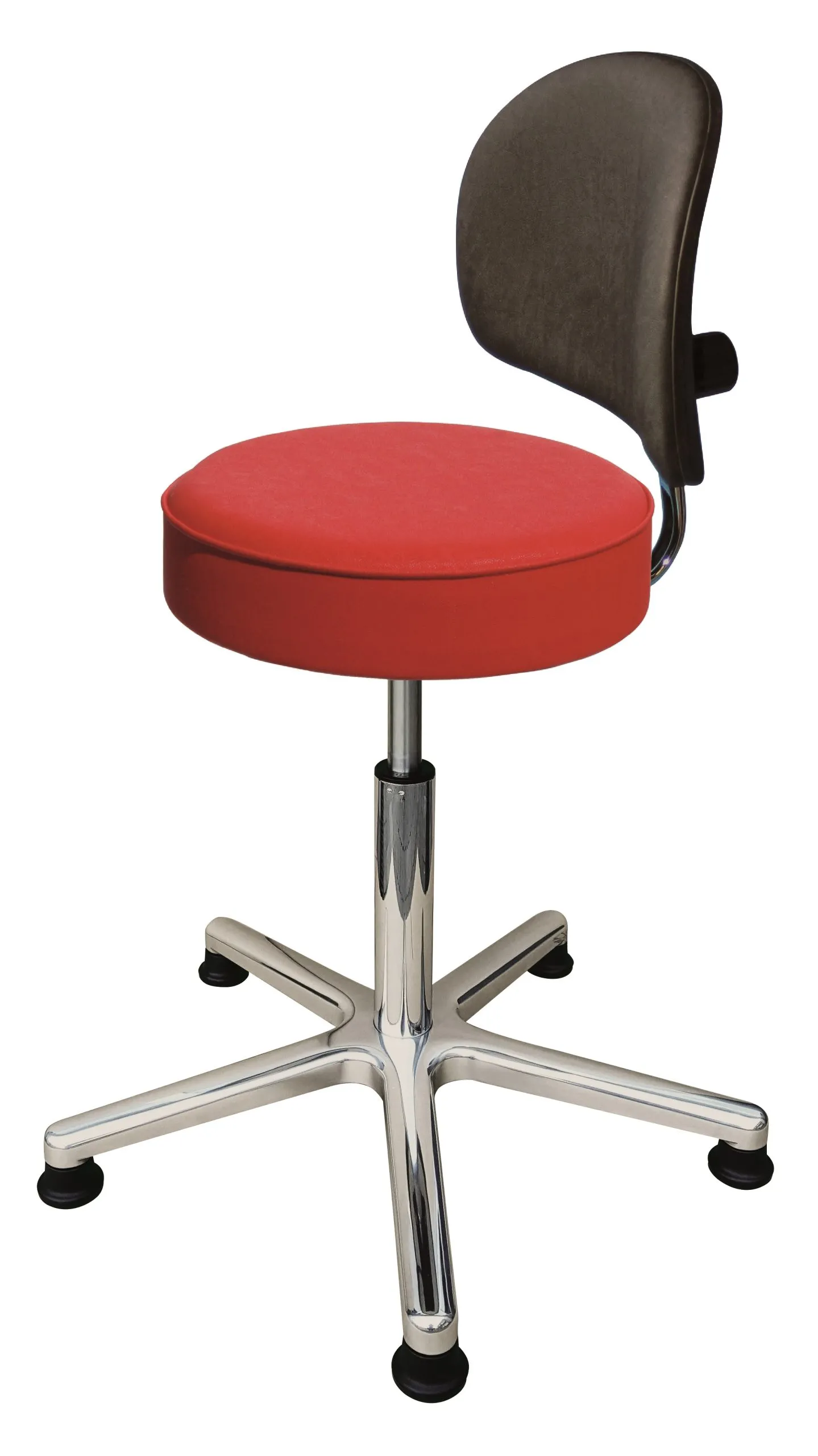 Drehhocker Indianapolis mit Rückenlehne | Sitzhöhe 44-57cm | Ø 61cm | Tragfähigkeit 110kg | Kunstleder-Sitz | Aluminium-Fußkreuz mit Gleiter | Feuerrot