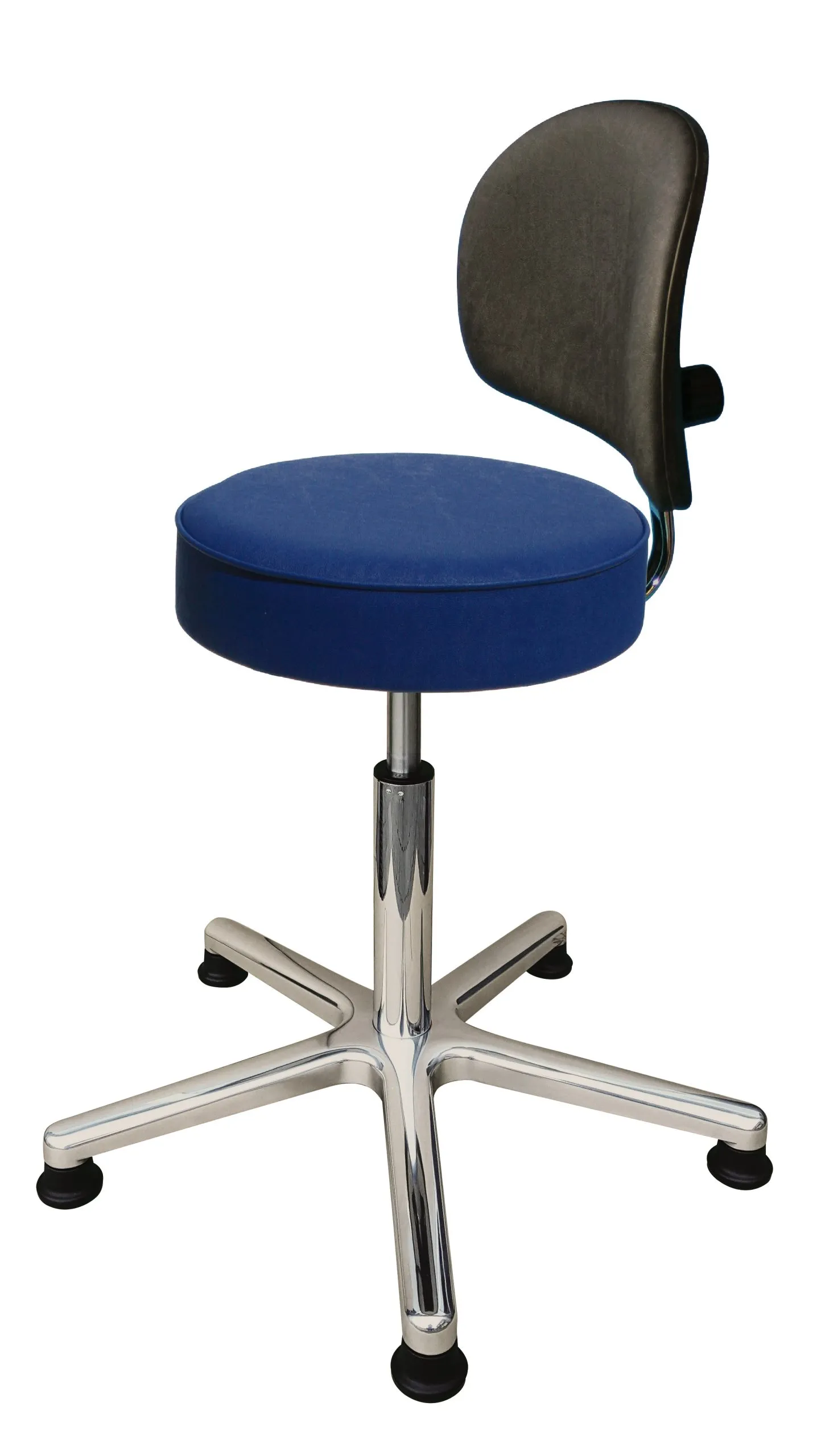 Drehhocker Indianapolis mit Rückenlehne | Sitzhöhe 44-57cm | Ø 61cm | Tragfähigkeit 110kg | Kunstleder-Sitz | Aluminium-Fußkreuz mit Gleiter | Atollblau