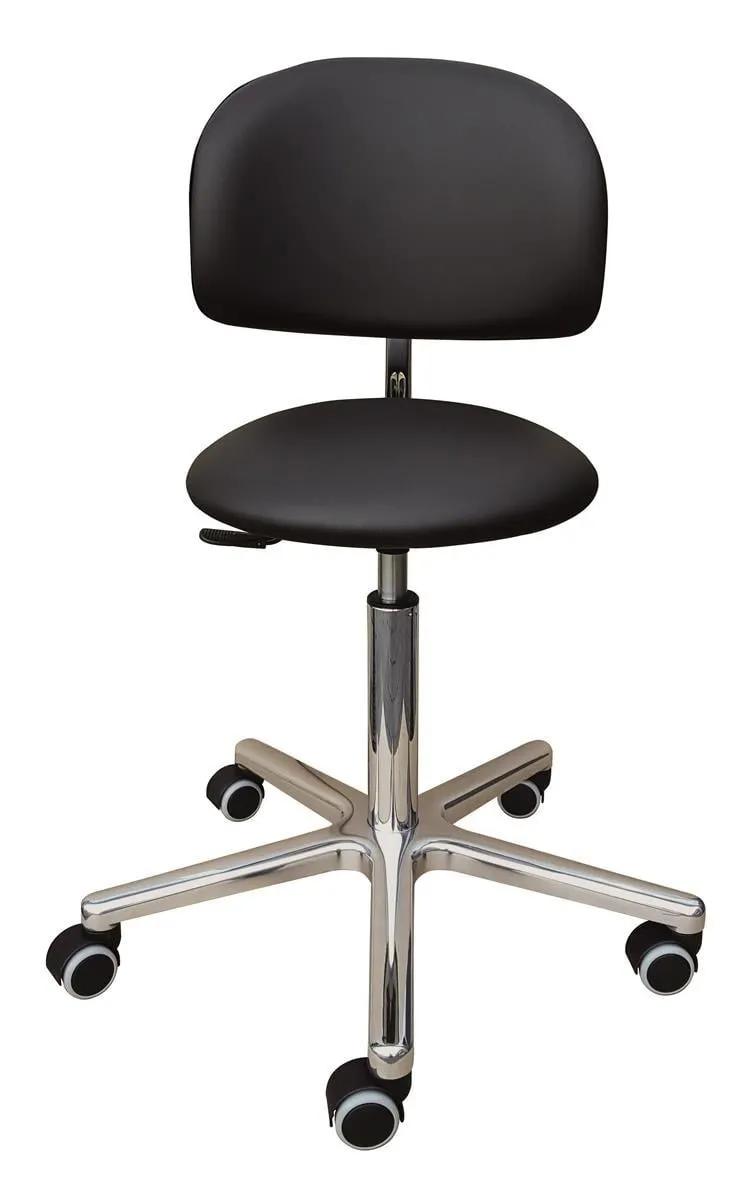 Drehhocker Indianapolis mit Rückenlehne | Sitzhöhe 46-59cm | Ø 61cm | Tragfähigkeit 110kg | Kunstleder-Sitz | Aluminium-Fußkreuz mit Rollen | Pilz Schwarz