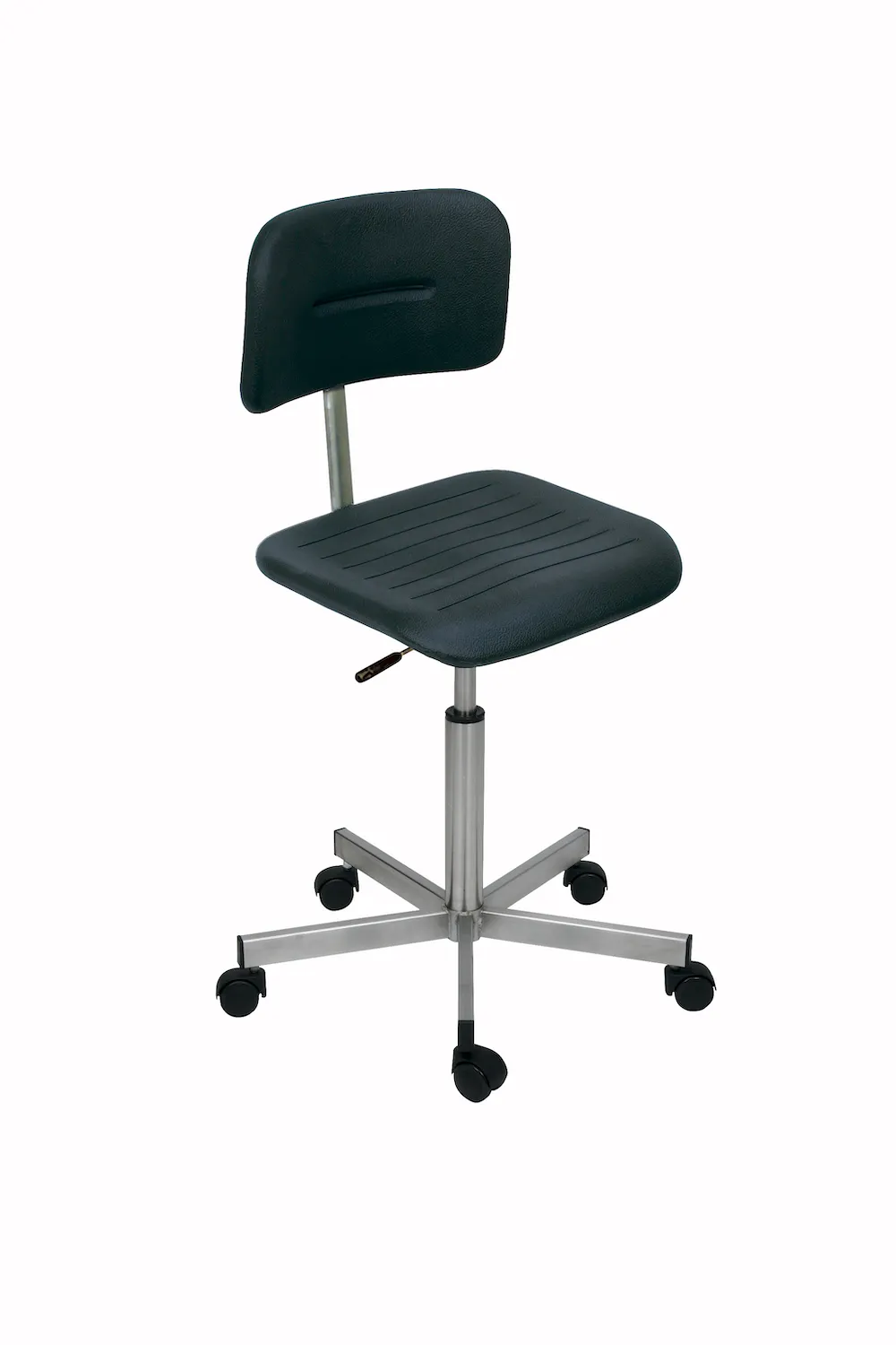 Edelstahl Arbeitsstuhl Seattle | Sitzhöhe 50-68cm | Ø 61cm | Tragfähigkeit 110kg | Polyurethane-Sitz | Edelstahl-Fußkreuz mit Rollen | ideal für Lebensmittelindustrie | Schwarz