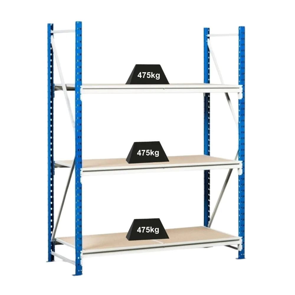 Weitspannregal MAXIMUS | Grundregal | HxBxT 200x150x60cm | 6 Ebenen | Spanplatten-Fachboden | Fachlast 475kg | Lichtblau/Lichtgrau