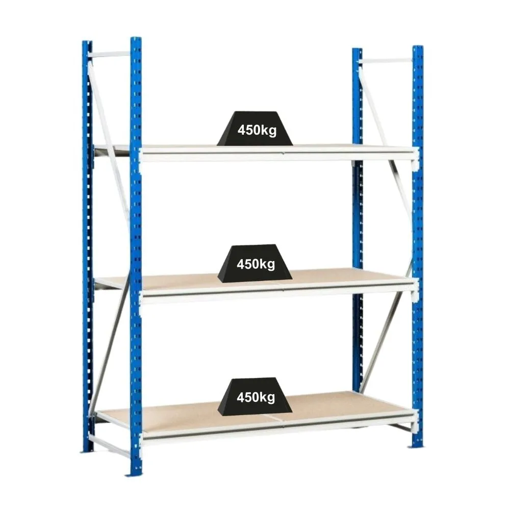 Weitspannregal MAXIMUS | Grundregal | HxBxT 200x175x60cm | 3 Ebenen | Spanplatten-Fachboden | Fachlast 450kg | Lichtblau/Lichtgrau