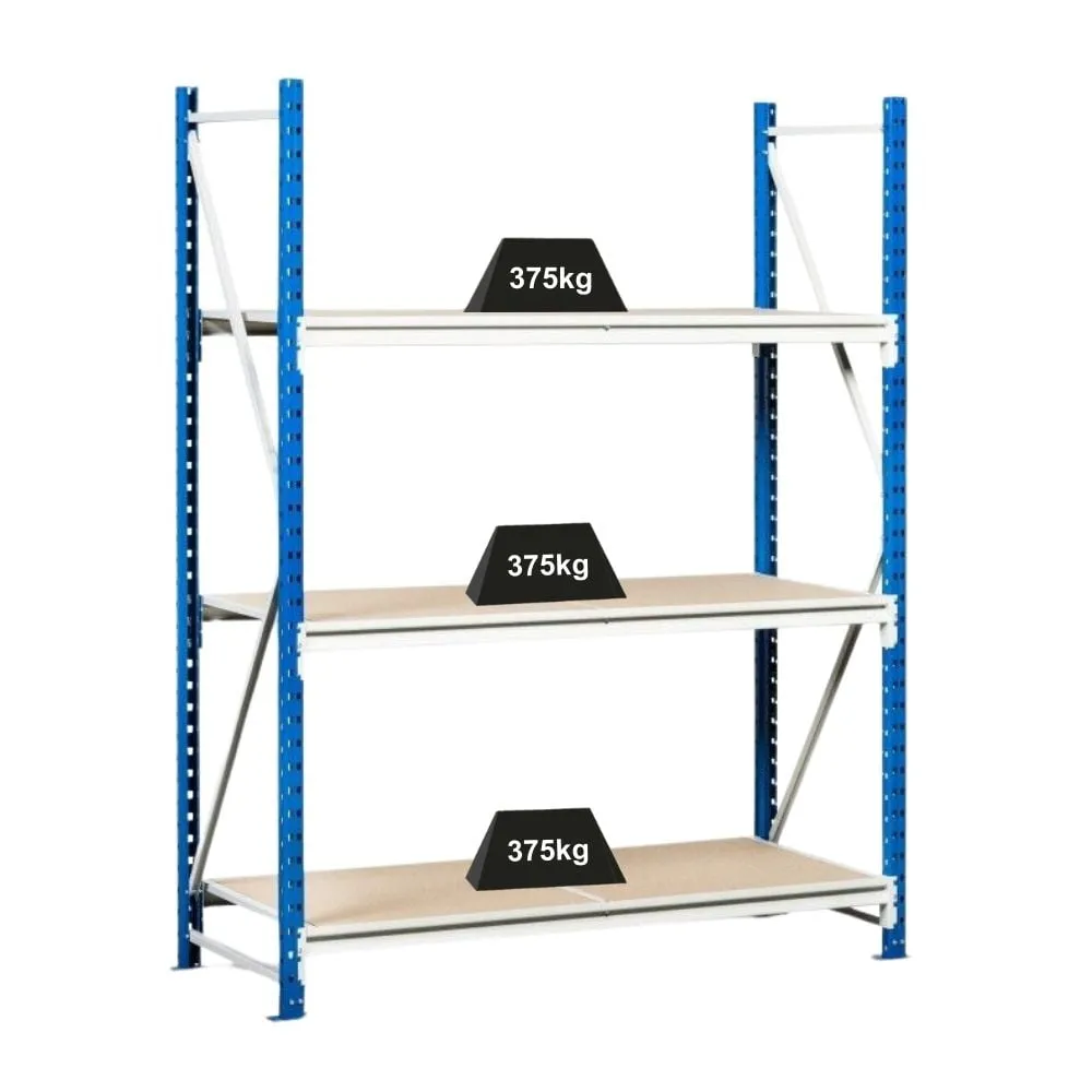 Weitspannregal MAXIMUS | Grundregal | HxBxT 200x225x120cm | 4 Ebenen | Spanplatten-Fachboden | Fachlast 375kg | Lichtblau/Lichtgrau