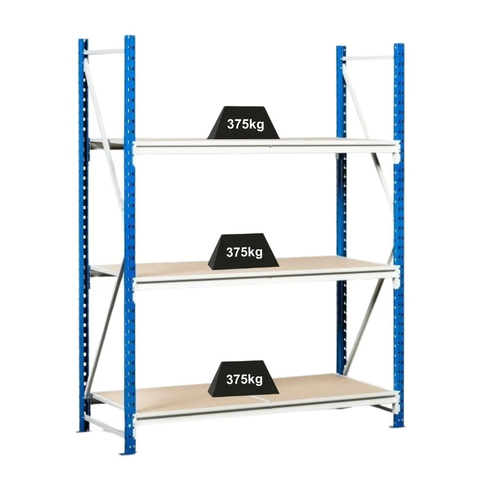 Weitspannregal MAXIMUS | Grundregal | HxBxT 200x225x60cm | 6 Ebenen | Spanplatten-Fachboden | Fachlast 375kg | Lichtblau/Lichtgrau