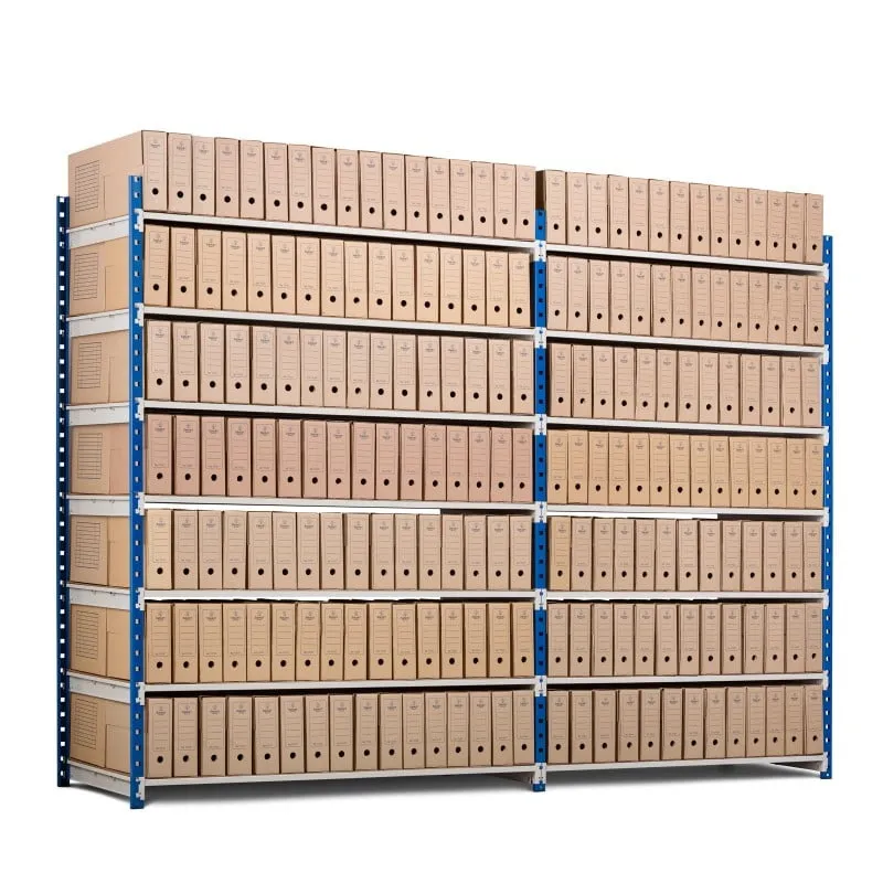 Aktenregal MAXIMUS Doppelseitig | Grundregal | HxBxT 200x150x68cm | 5 Ebenen | offener Fachboden | bis zu 180 Archivordnern | Lichtblau/Lichtgrau