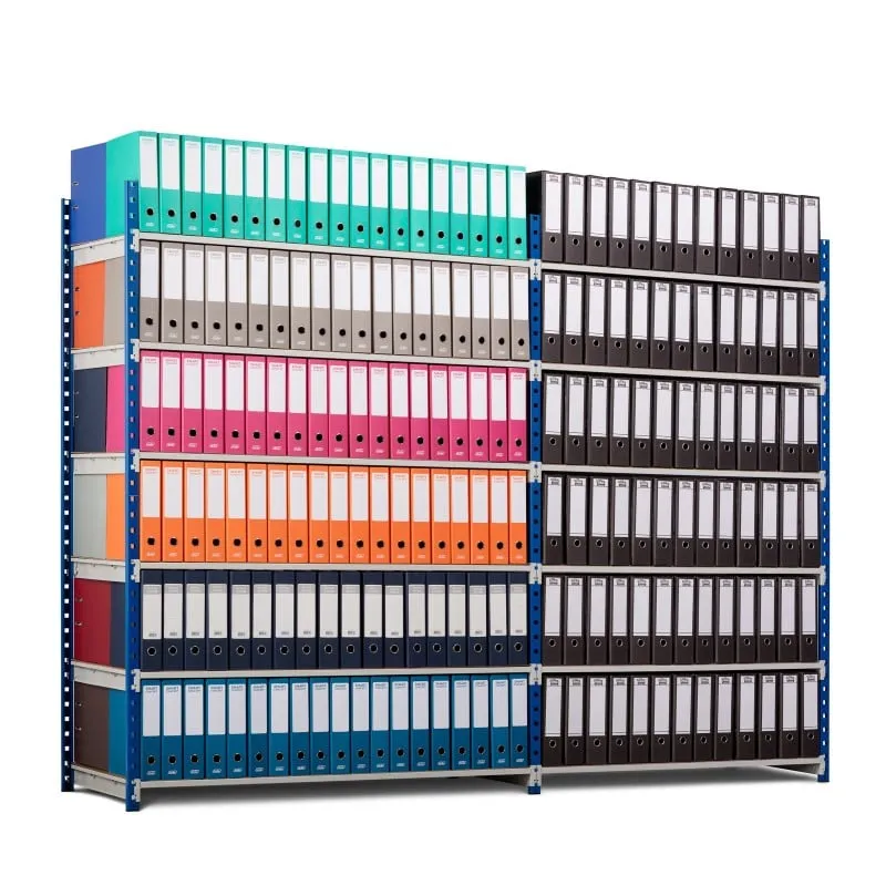 Aktenregal MAXIMUS Doppelseitig | Anbauregal | HxBxT 200x150x60cm | 5 Ebenen | offener Fachboden | bis zu 160 Dokumentenordnern | Lichtblau/Lichtgrau