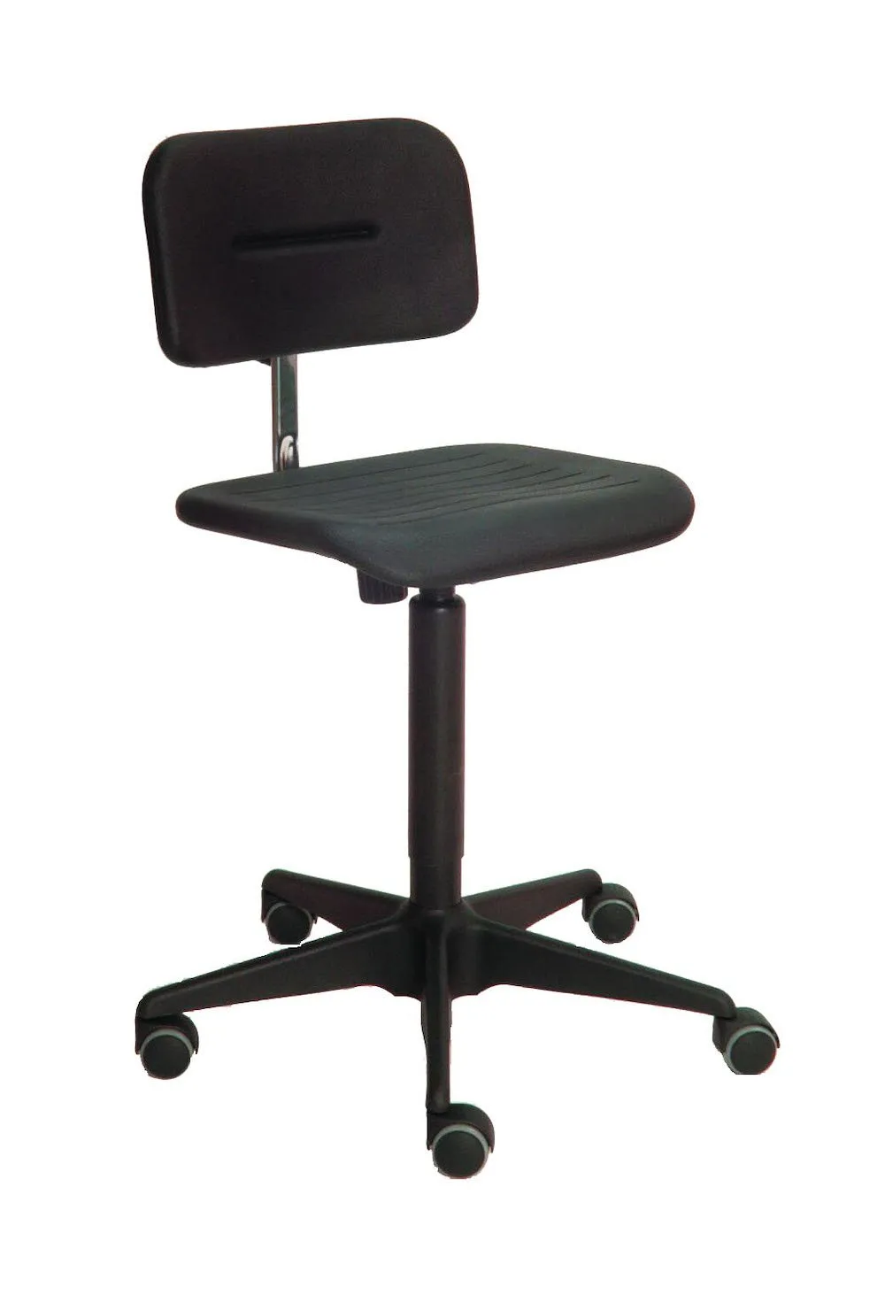 Spindelstuhl Arlington mit kleiner pendelnder Rückenlehne | Sitzhöhe 42-55cm | Ø 59cm | Tragfähigkeit 110kg | Polyurethane-Sitz | Stahl-Fußkreuz mit Kunststoffabdeckung & Rollen | Schwarz