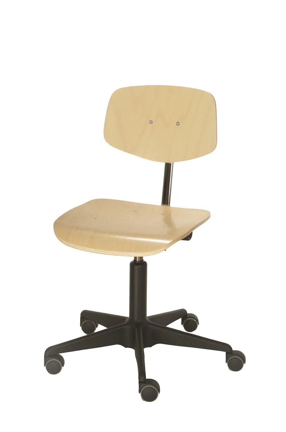 Spindelstuhl Arlington mit kleiner pendelnder Rückenlehne | Sitzhöhe 40-53cm | Ø 59cm | Tragfähigkeit 110kg | Buche-Sitz | Stahl-Fußkreuz mit Kunststoffabdeckung & Rollen | Buche