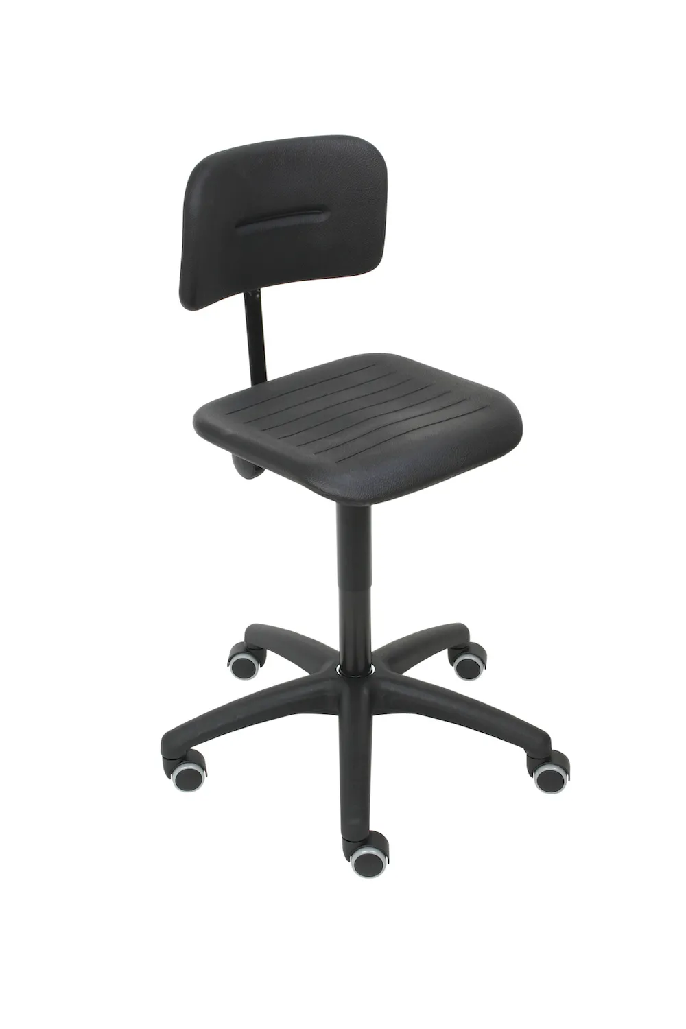 Spindelstuhl Arlington mit kleiner pendelnder Rückenlehne | Sitzhöhe 45-58cm | Ø 63cm | Tragfähigkeit 110kg | Polyurethane-Sitz | Kunststoff-Fußkreuz mit Rollen | Schwarz