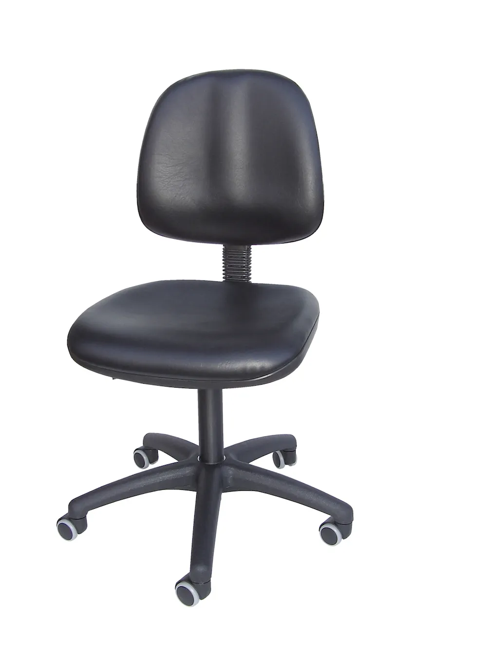 Arbeitsstuhl Arlington mit kleiner Rückenlehne | Sitzhöhe 48-67cm | Ø 63cm | Tragfähigkeit 110kg | Kunstleder-Sitz | Kunststoff-Fußkreuz mit Rollen | Schwarz