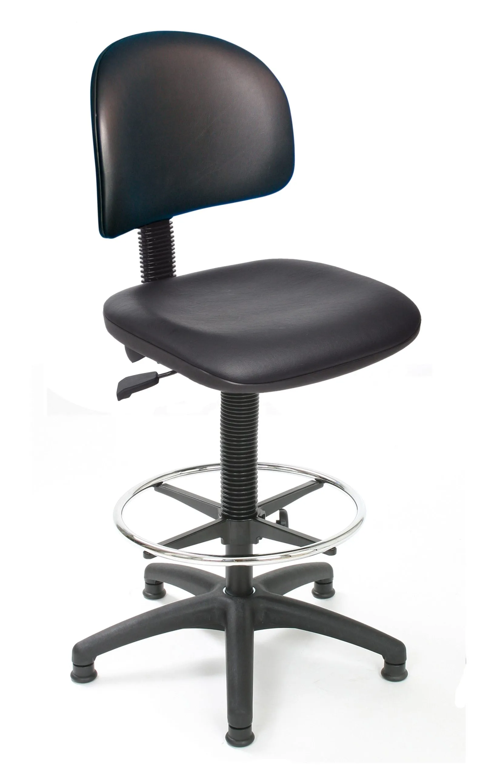 Arbeitsstuhl Arlington mit kleiner Rückenlehne | Sitzhöhe 57-83cm | Ø 63cm | Tragfähigkeit 110kg | Kunstleder-Sitz | Kunststoff-Fußkreuz mit Fußring & Gleiter | Schwarz