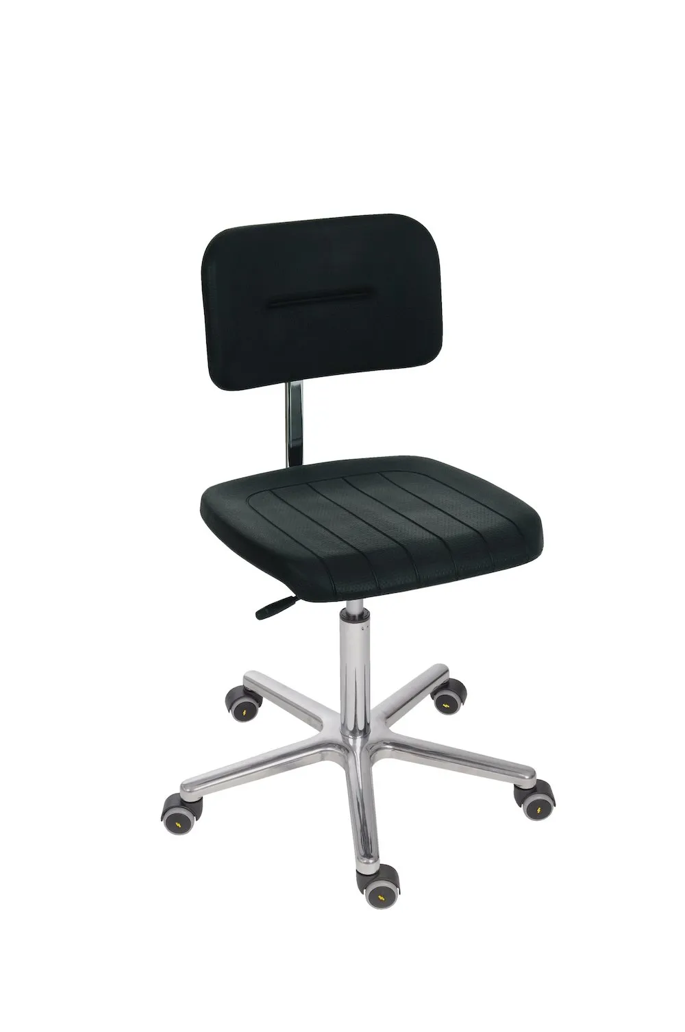 Antistatischer Arbeitsstuhl Arlington mit kleiner Rückenlehne & ESD-Sitz | Sitzhöhe 50-69cm | Ø 61cm | Tragfähigkeit 110kg | Polyurethane-Sitz | Aluminium-Fußkreuz mit Rollen | Schwarz