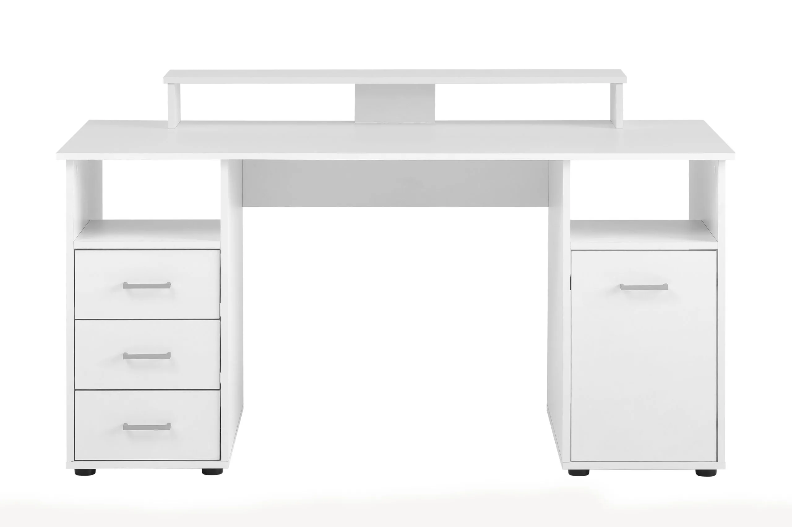 Möbelpartner Schreibtisch Fox | Large | HxBxT 86x150x70cm | 3 Schubladen, 2 offene Fächer, 1 Fach mit Flügeltür & Monitorständer | Weiß