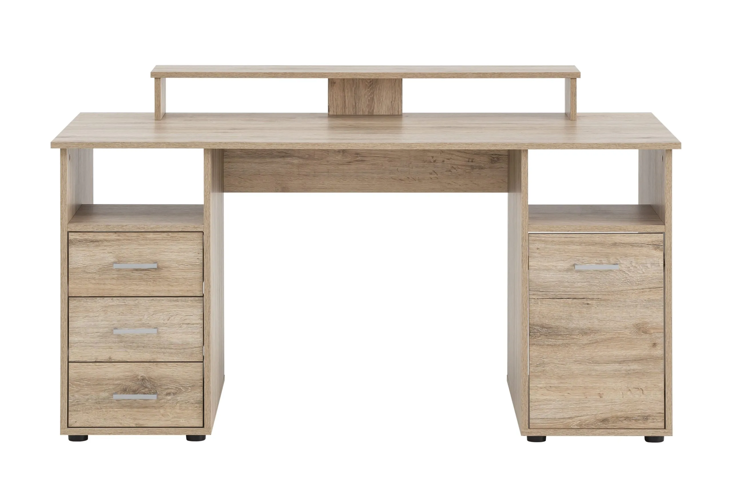 Möbelpartner Schreibtisch Fox | Large | HxBxT 86x150x70cm | 3 Schubladen, 2 offene Fächer, 1 Fach mit Flügeltür & Monitorständer | Eiche