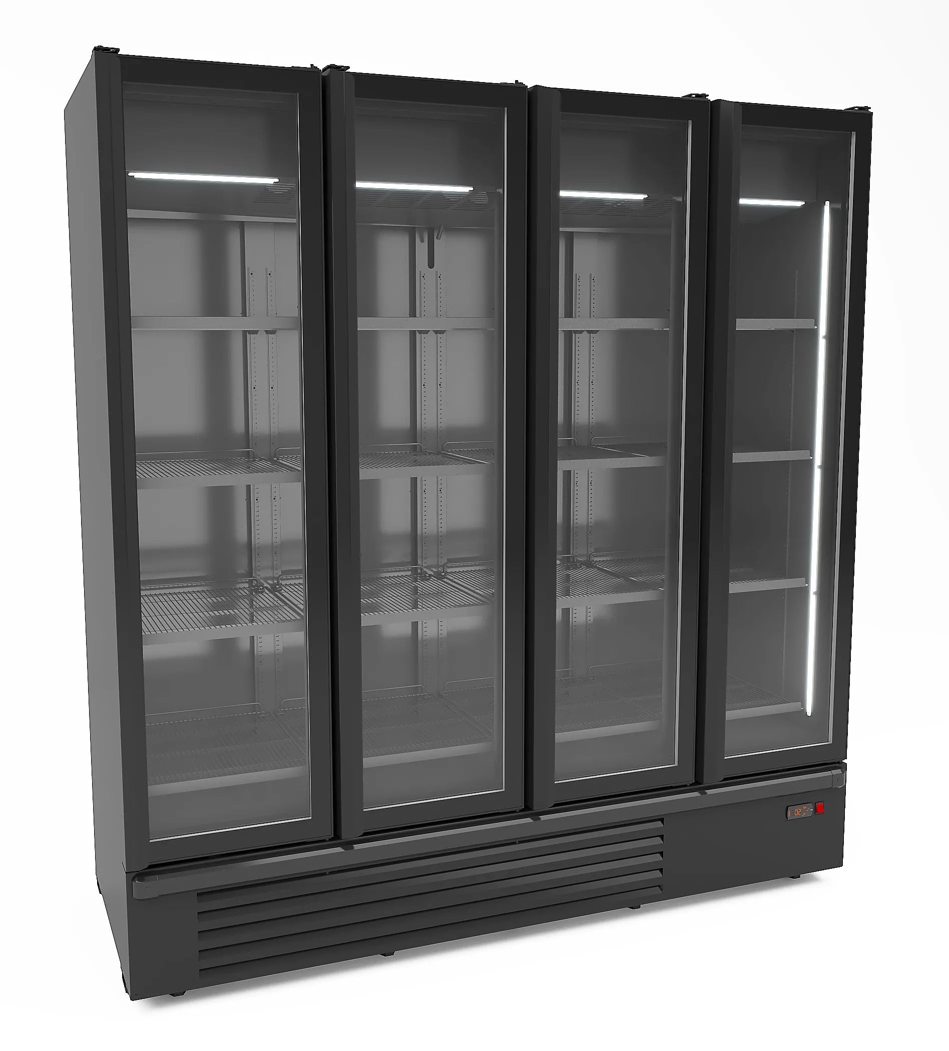 Kühlschrank GAZELLE | 4 Glastüren + LED | 1850 Liter, HxBxT 214x191x79cm | +1/+7°C | inkl. 16 Gitter mit Clips und Preiskartenhalter | Shwarz