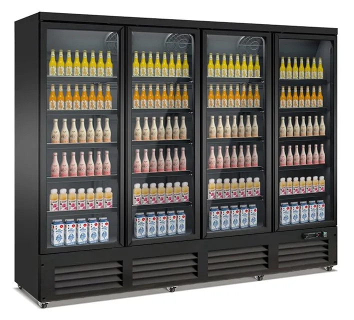 Kühlschrank KONDOR auf Räder | 4x Glastür + LED | 2000 Liter, HxBxT 205x250x70,5cm | 0/+10°C | Schwarz
