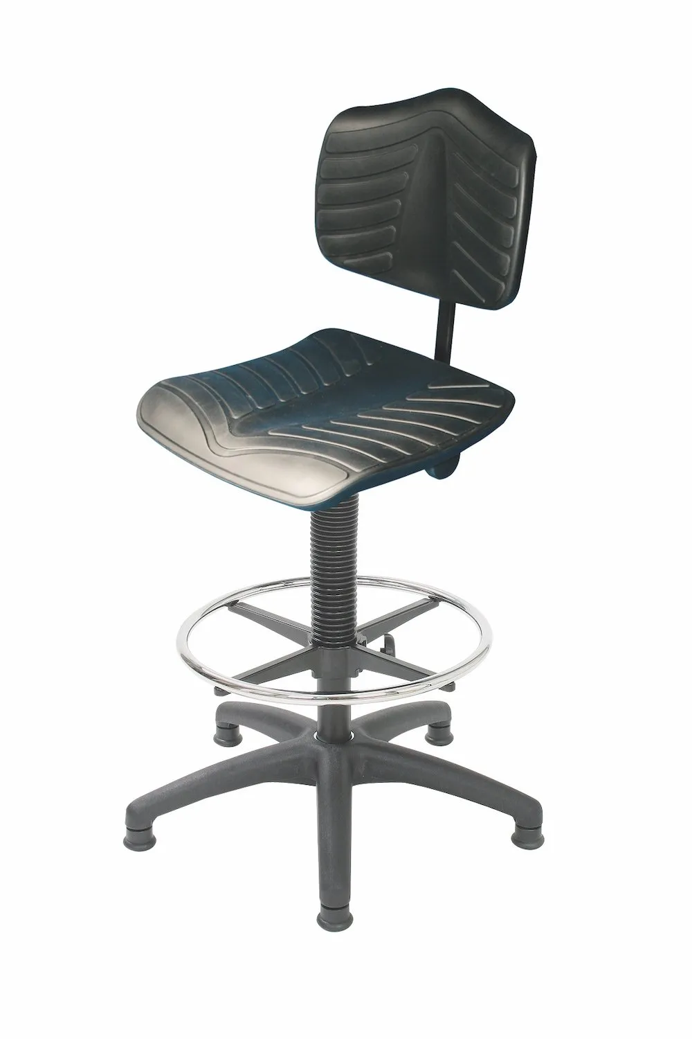 Arbeitsstuhl Arlington mit großer Rückenlehne & Sitzneige | Sitzhöhe 53-79cm | Tragfähigkeit 110kg | Polyurethane-Soft-Sitz | Kunststoff-Fußkreuz mit Gleiter & Fußring | Schwarz