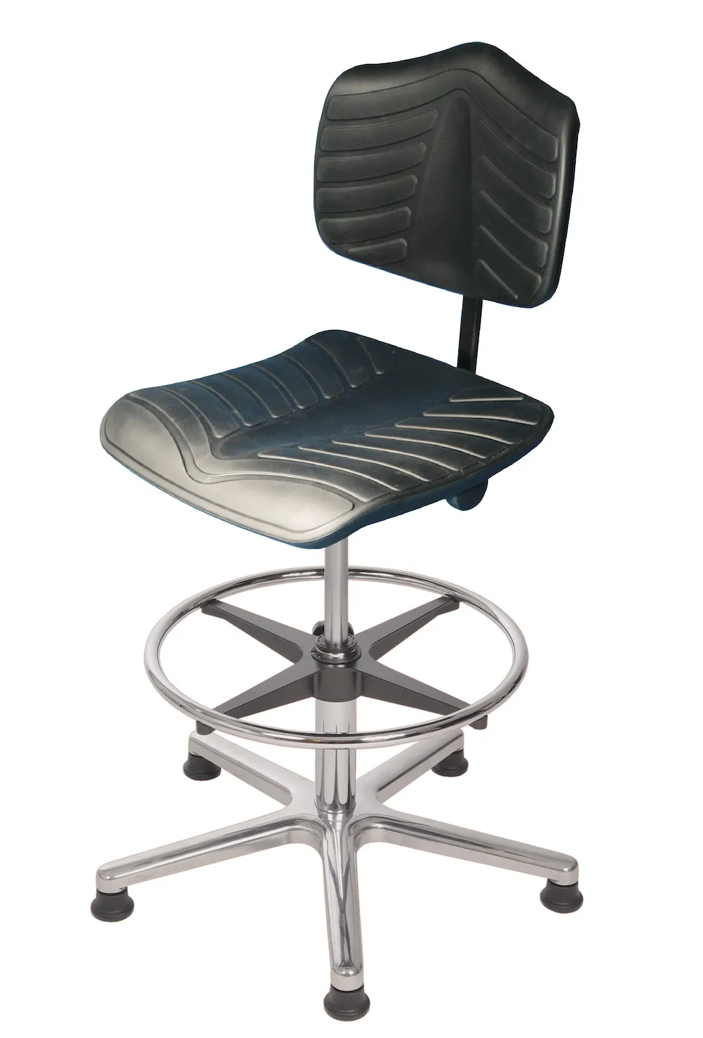 Arbeitsstuhl Arlington mit großer Rückenlehne | Sitzhöhe 53-79cm | Ø 63cm | Tragfähigkeit 110kg | Polyurethane-Soft-Sitz | Aluminium-Fußkreuz mit Gleiter & Fußring | Schwarz