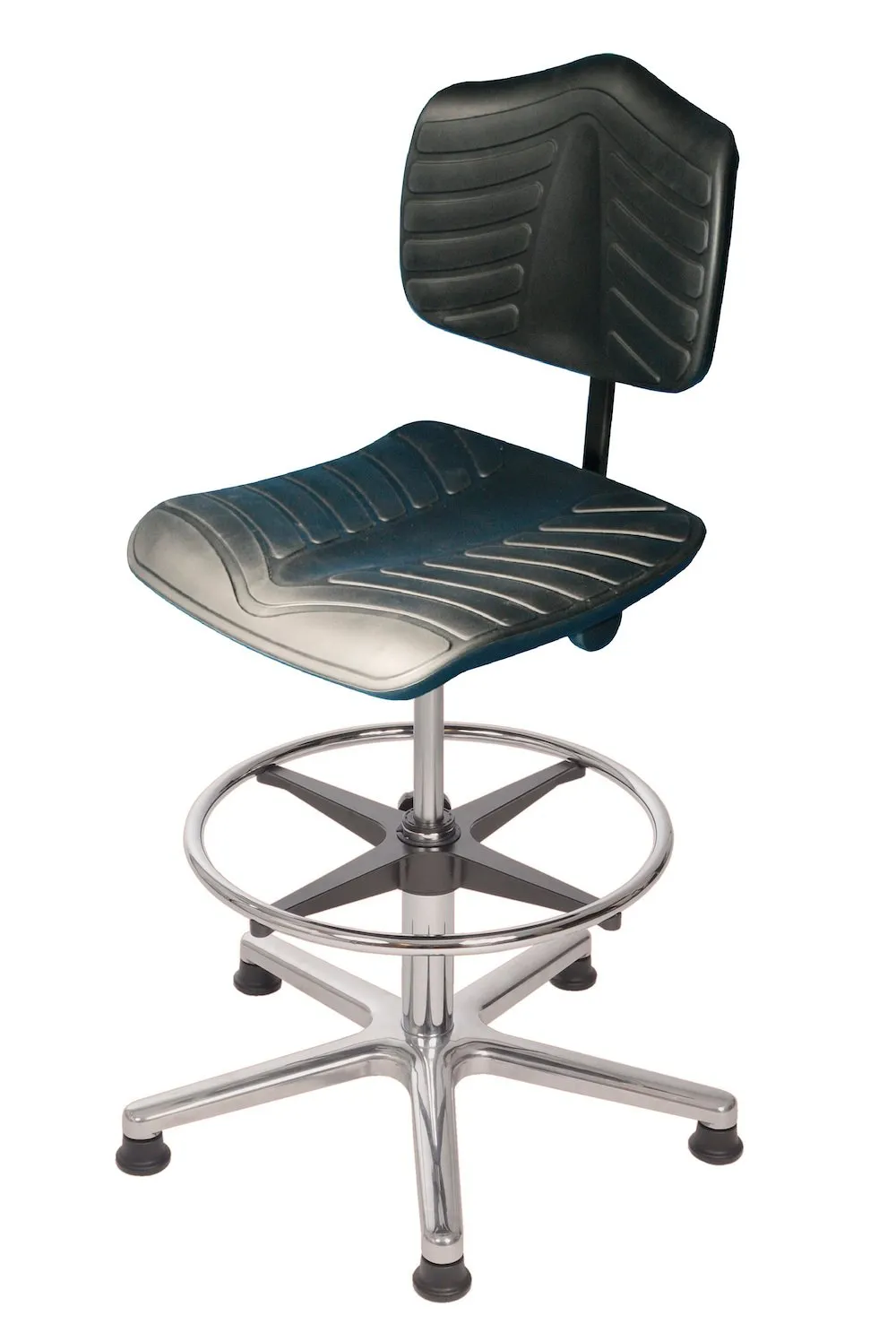 Arbeitsstuhl Arlington mit großer Rückenlehne & Sitzneige | Sitzhöhe 53-79cm | Tragfähigkeit 110kg | Polyurethane-Soft-Sitz | Aluminium-Fußkreuz mit Gleiter & Fußring | Schwarz