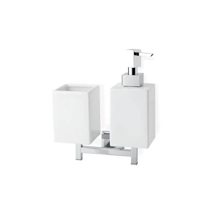 STILHAUS URANIA WANDHÄNGENDER SEIFENSPENDER MIT ZAHNPUTZBECHER WEIß CHROM