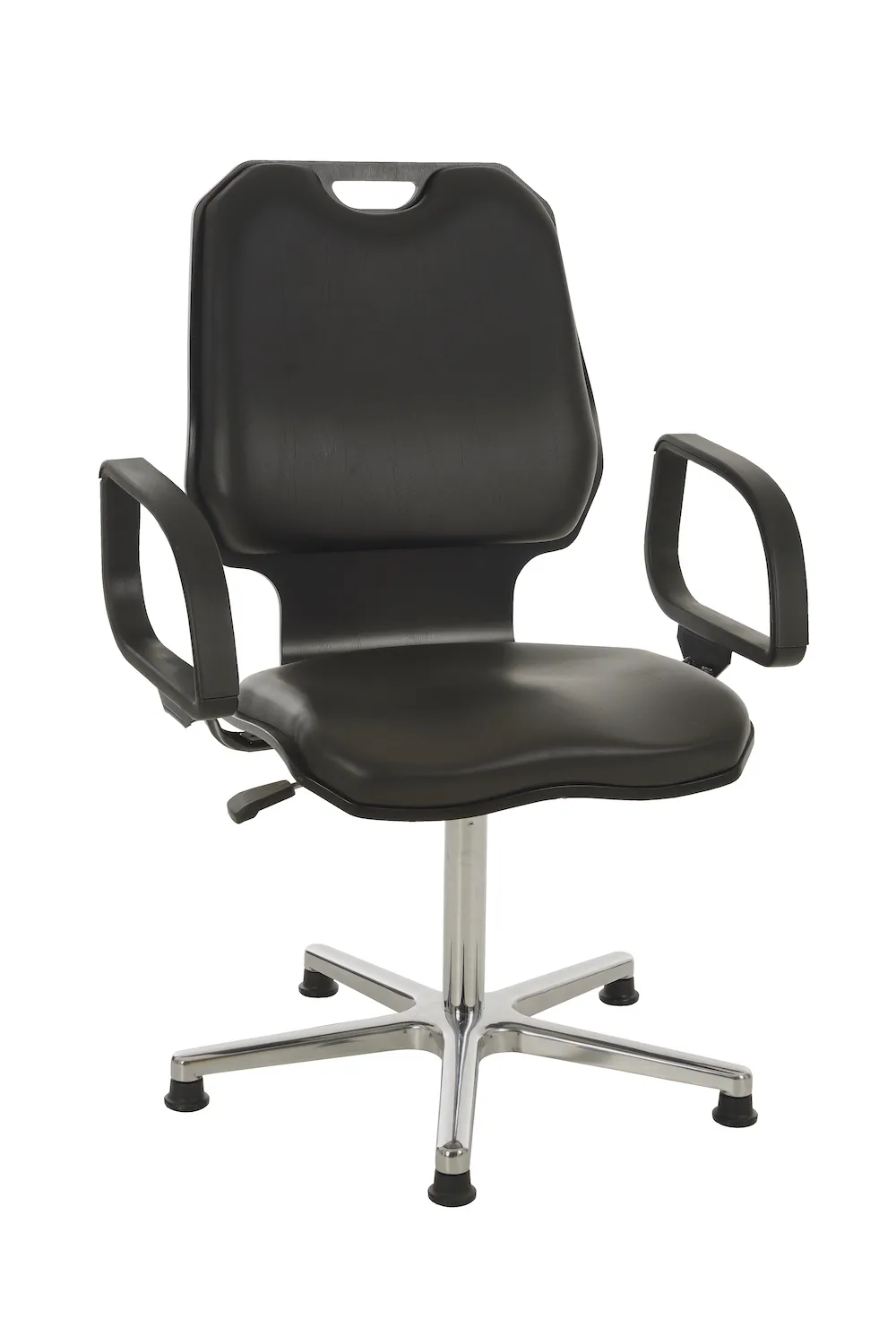 Belastbarer Arbeitsstuhl Arlington mit großer Rückenlehne | mit Armlehnen | Sitzhöhe 47-65cm | Ø 65,5cm | Tragfähigkeit 180kg | Buche mit Kunstlederauflage | Aluminium-Fußkreuz mit Gleiter | Schwarz