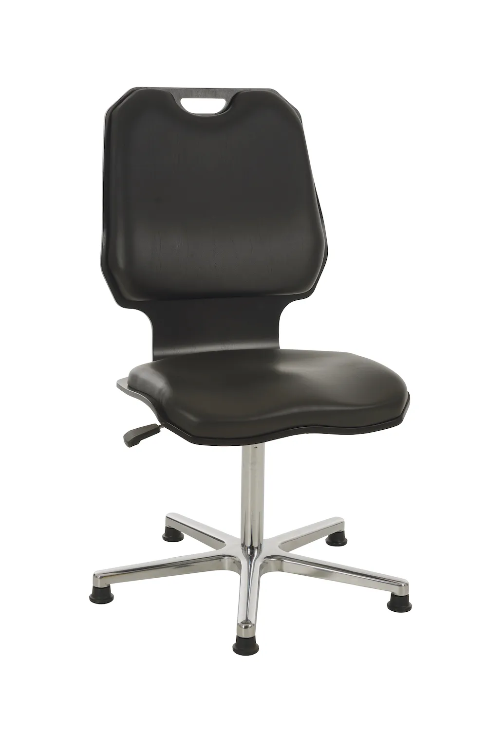 Belastbarer Arbeitsstuhl Arlington mit großer Rückenlehne | Sitzhöhe 47-65cm | Ø 65,5cm | Tragfähigkeit 180kg | Buche mit Kunstlederauflage | Aluminium-Fußkreuz mit Gleiter | Schwarz