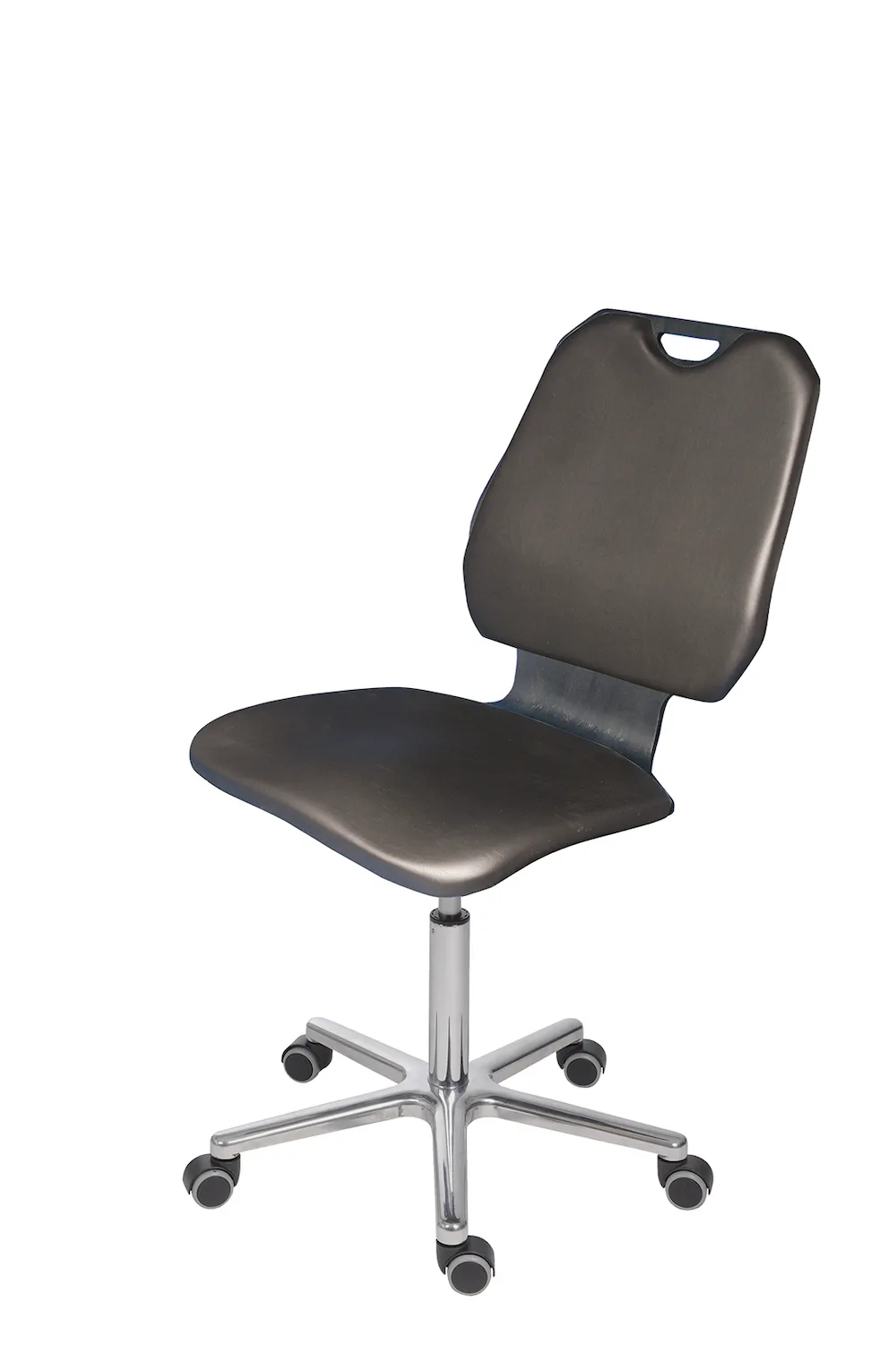 Belastbarer Arbeitsstuhl Arlington mit großer Rückenlehne | Sitzhöhe 42-54cm | Ø 65,5cm | Tragfähigkeit 180kg | Buche mit Kunstlederauflage | Aluminium-Fußkreuz mit Rollen | Schwarz