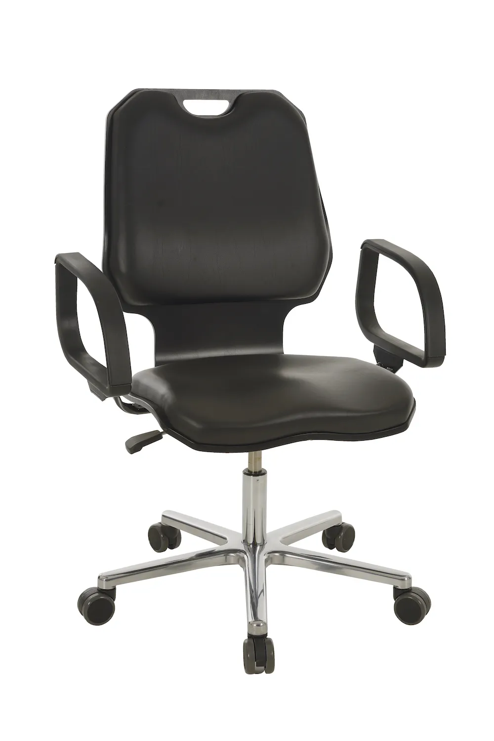 Belastbarer Arbeitsstuhl Arlington mit großer Rückenlehne | mit Armlehnen | Sitzhöhe 42-54cm | Ø 65,5cm | Tragfähigkeit 180kg | Buche mit Kunstlederauflage | Aluminium-Fußkreuz mit Rollen | Schwarz