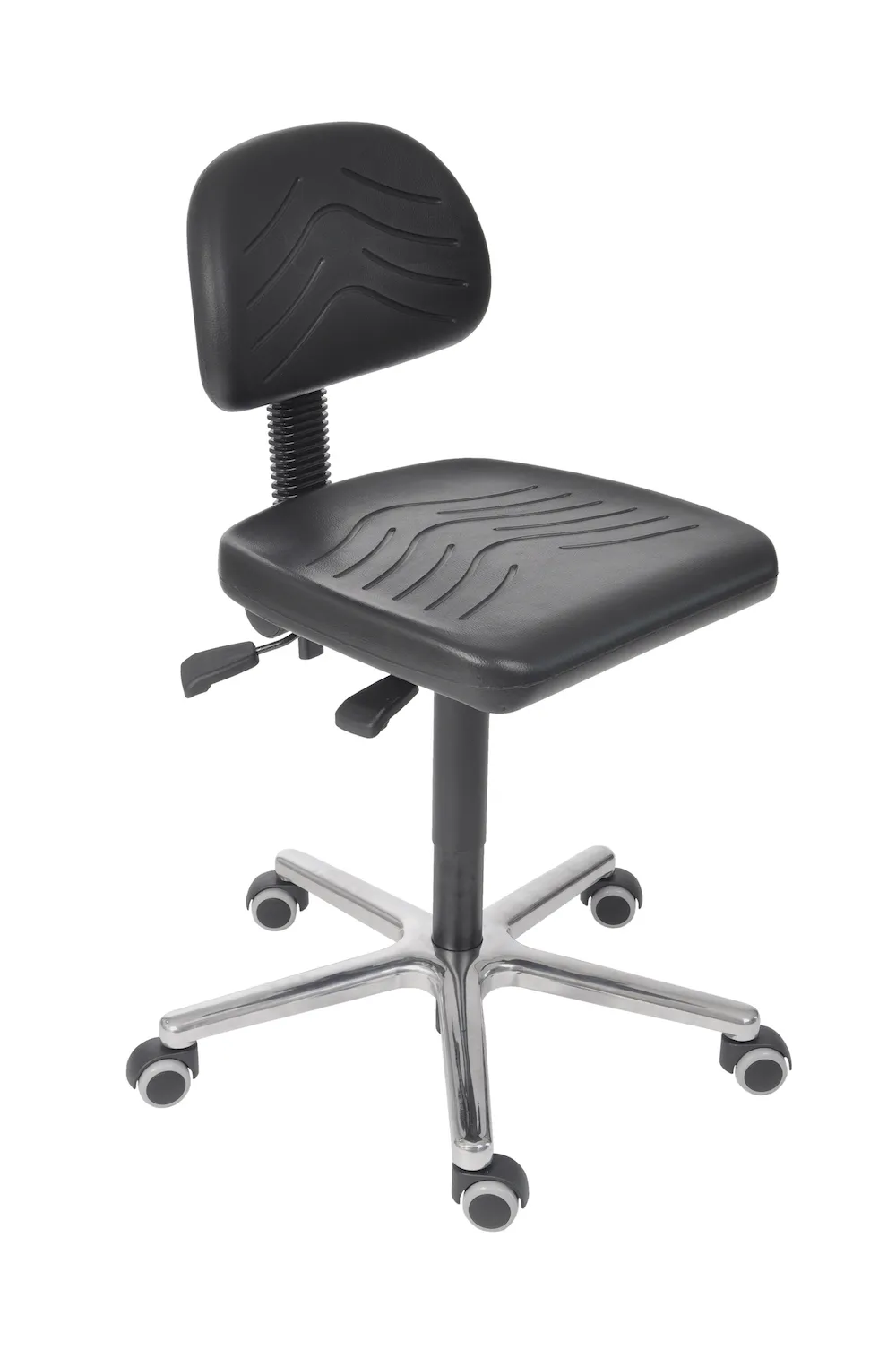 Arbeitsstuhl Arlington mit kleiner Rückenlehne & Sitzneigeverstellung | Sitzhöhe 49-67cm | Ø 61cm | Tragfähigkeit 110kg | Polyurethane-Sitz | Aluminium-Fußkreuz mit Rollen | mit Asynchron-Mechanik | Silber/Schwarz