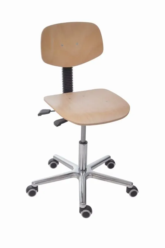 Arbeitsstuhl Arlington mit kleiner Rückenlehne & Sitzneigeverstellung | Sitzhöhe 47-65cm | Ø 61cm | Tragfähigkeit 110kg | Buche-Sitz | Aluminium-Fußkreuz mit Rollen | mit Asynchron-Mechanik | Silber/Buche