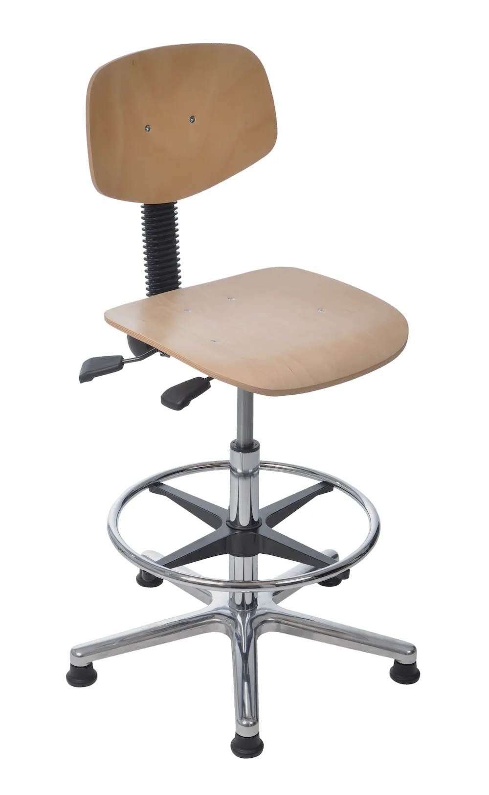 Arbeitsstuhl Arlington mit kleiner Rückenlehne & Sitzneigeverstellung | Sitzhöhe 45-63cm | Ø 61cm | Tragfähigkeit 110kg | Buche-Sitz | Aluminium-Fußkreuz mit Fußring & Gleiter | mit Asynchron-Mechanik | Silber/Buche